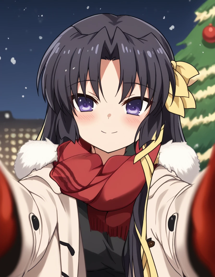 score_9, score_8_up, score_7_up, source_anime, <lora:yuiko-kurugaya-s2-ponyxl-lora-nochekaiser:1>, yuiko kurugaya, long hair, large breasts, black hair, ribbon, purple eyes, hair ribbon, parted bangs, anime screencap, <lora:pov-cheek-warming-ponyxl-lora-nochekaiser:1>, pov cheek warming, pov cheek warming (meme), winter gloves, duffel coat, fur-trimmed scarf, winter clothes, red mittens, meme, winter coat, red scarf, fur-trimmed coat, reaching towards viewer, reaching, mittens, fur-trimmed hood, white coat, open coat, scarf, coat, red gloves, snowing, pov, fur trim, depth of field, smile, blush,, christmas, christmas tree, christmas lights,, , dutch angle, cowboy shot
