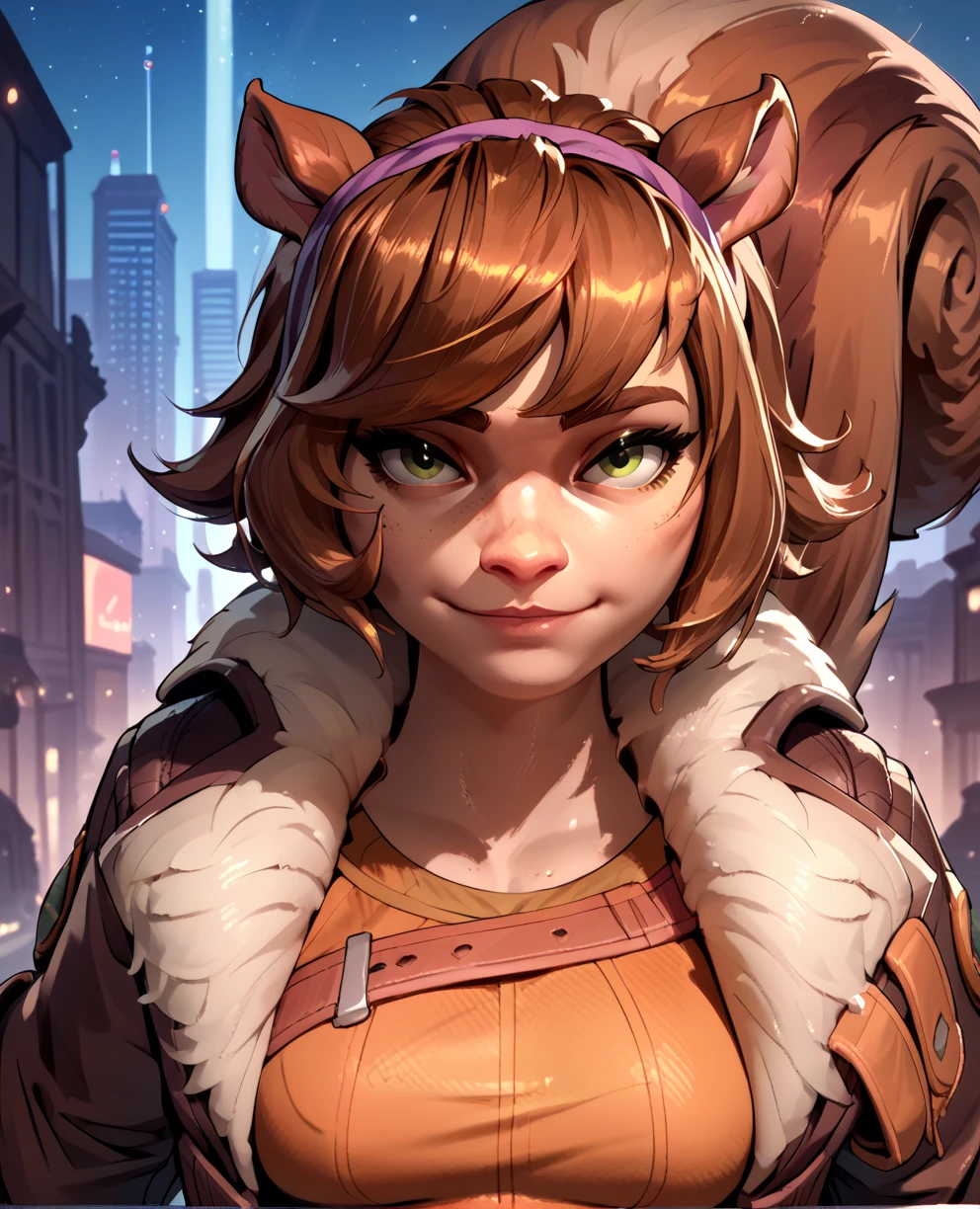 score_9,score_8_up,score_7_up,score_6_up,
sqrrlgrlmr,brown hair,animal ears,green eyes,
brown jacket,fur trim,headband,
orange shirt,midriff, looking at viewer,  light smile, 
night,city,squirrel tail,
upper body,standing,
<lora:SquirrelgirlMR:0.8>,