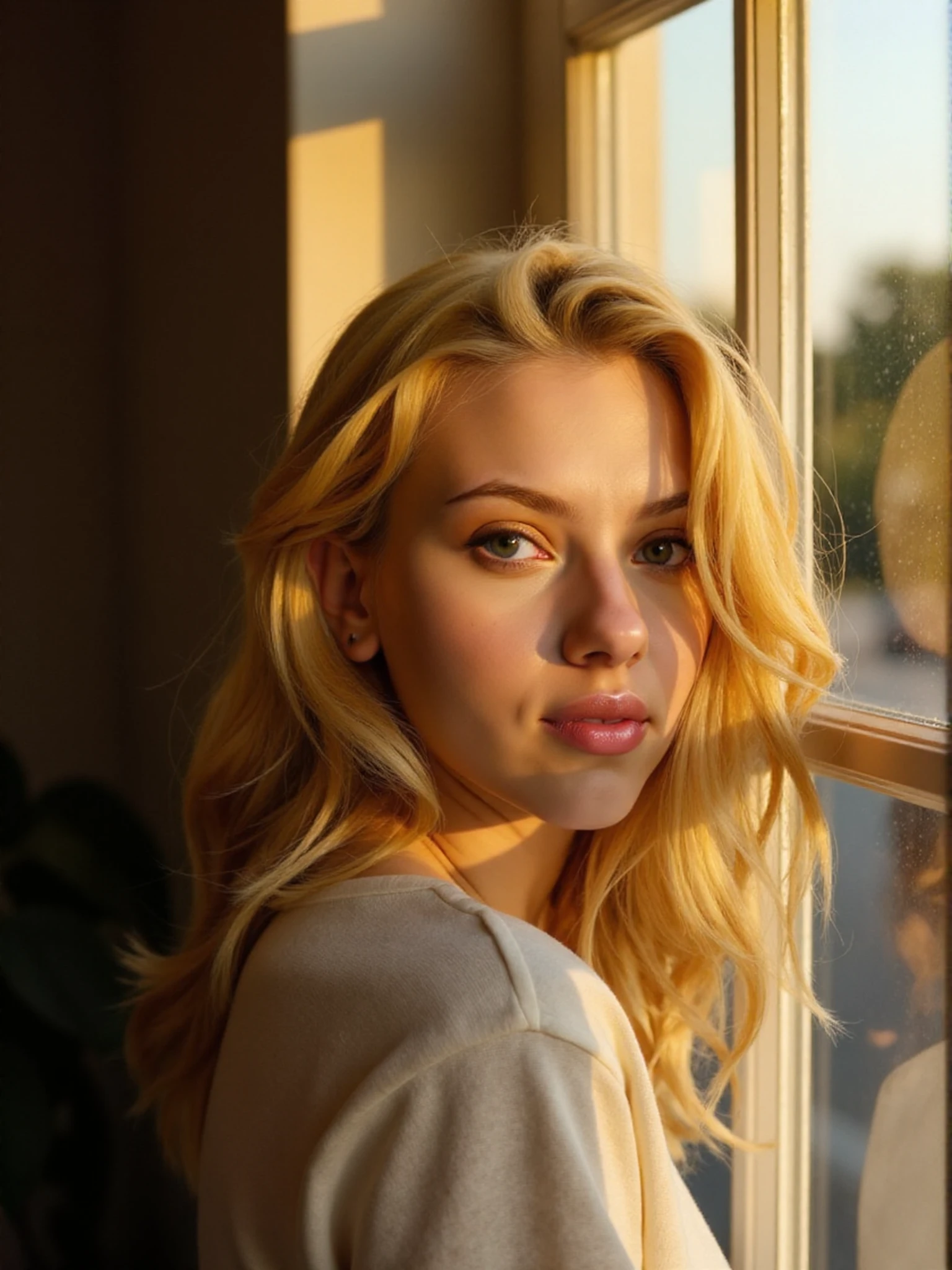 <lora:Scarlett_Johansson_v1:1> woman, blonde, looking directly at the viewer, looking directly at the camera, making eye contact, looking straight ahead professional photography, light refractions, standing by a large window, sun enters through the window casting a shadow of the window frame across their face as they look back towards the viewer who is on the other side of the glass, golden hour