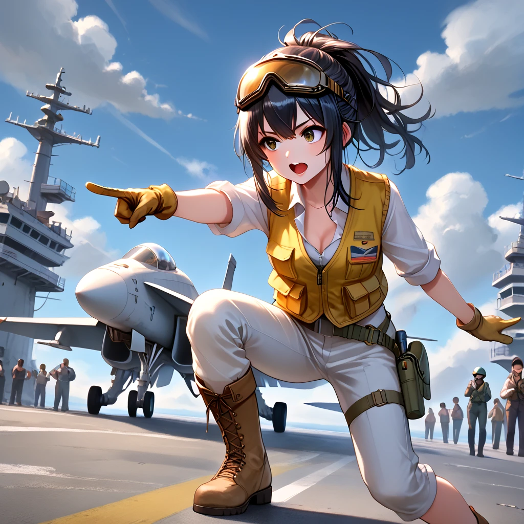 score_9, source_anime, aircraft carrier, catapult officer, pointing forward, standing, lunge, one knee, outstretched legs, spread legs, 1girl, black hair, updo, open mouth, cleavage, medium breasts, vest, pants, helmet, gloves, boots, leaning forward, goggles on head, cloudy sky, sky, dust, steam, crowd, wide shot, from behind, ass focus, <lora:girllikeaircraftcarrier_pony:0.7> legs