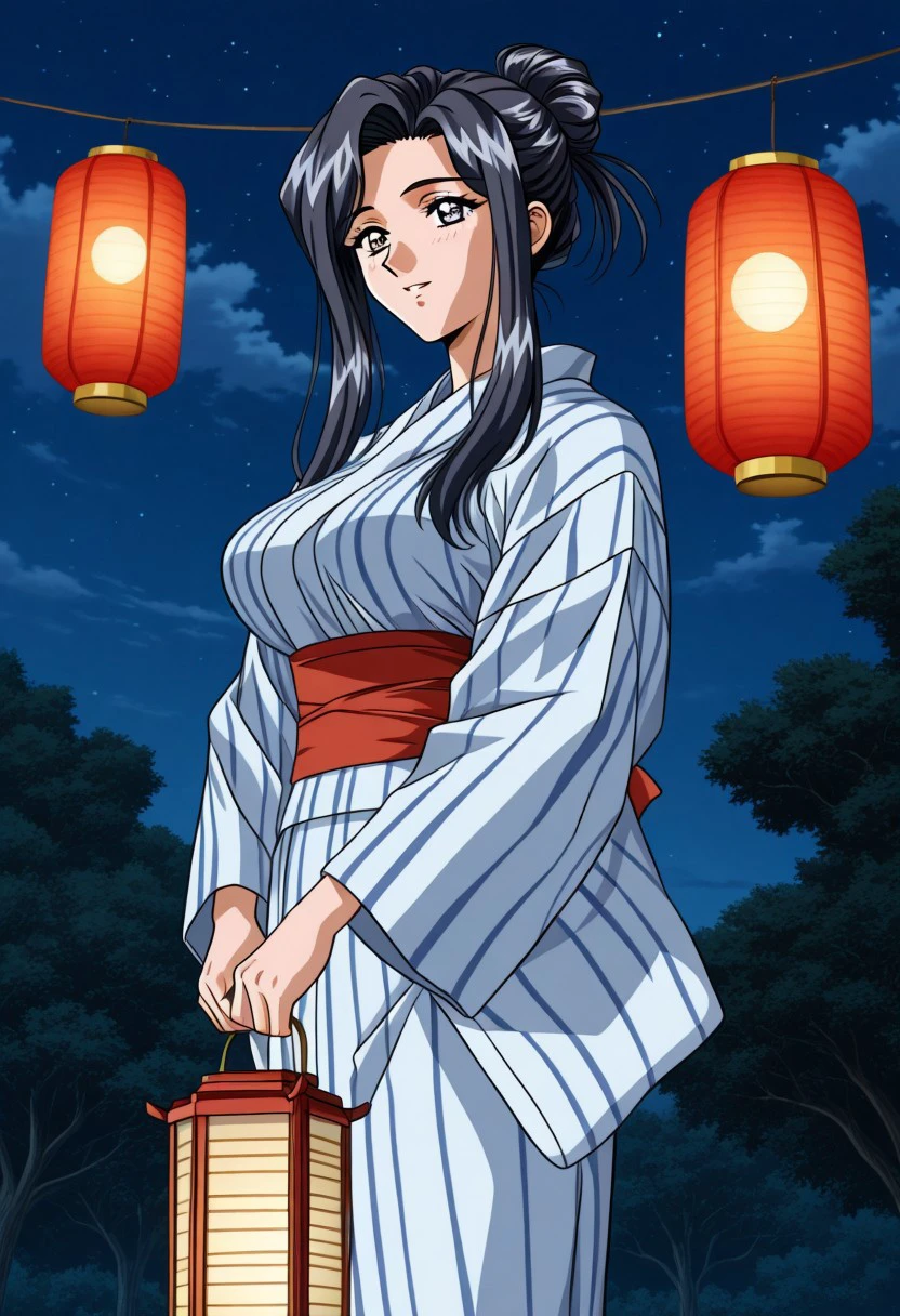 masterpiece, best quality, newest, highres, uncensored, 1girl, yokota mamoru style,1girl,
Nami Koihime OVA, long hair, black hair, forehead,blue eyes, large breasts, 1990s (style)
1girl, night, solo, lantern, sky, japanese clothes, kimono, cloud, night sky, black hair, single hair bun, hair bun, paper lantern, outdoors, tree, sidelocks, grey eyes, holding