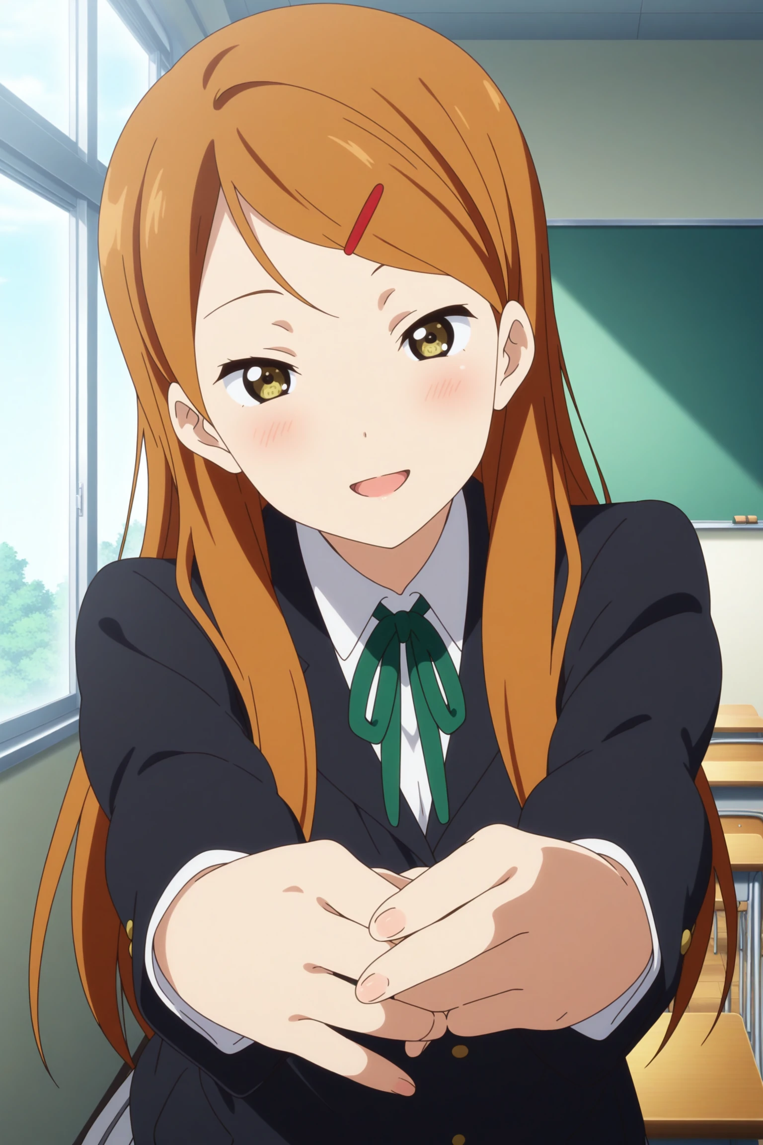 masterpiece, best quality, amazing quality, highres, absurdres, very aesthetic, high resolution, ultra detailed, perfect details, 1girl, solo, indoors, classroom, day, medium breasts, sokabe megumi, long hair, orange hair, red hairclip, yellow eyes, school uniform, black jacket, white shirt, collared shirt, green ribbon, grey skirt, pleated skirt, white kneehighs, loafers, <lora:Megumi_Sokabe_ILXL:0.8>, (upper body:1.2), anime coloring, anime screencap, (pose:1.2), smile, looking at viewer, open mouth