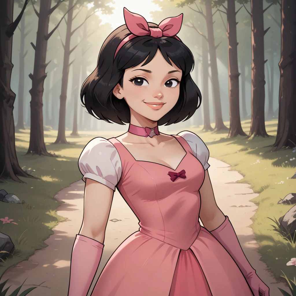 score_9, score_8, BREAK, solo, total drama, 1girl, black hair, pink hair bow, black eyes, lips, pink choker, pink short dress, light pink gloves, pink footwear, Ella_(Total_Drama), tdpi, cute, sexy pose, self portrait, smile, outdoors, sunlight, shadows, evening lighting, natural lighting, forest, trees, grass, orange sky, sunset