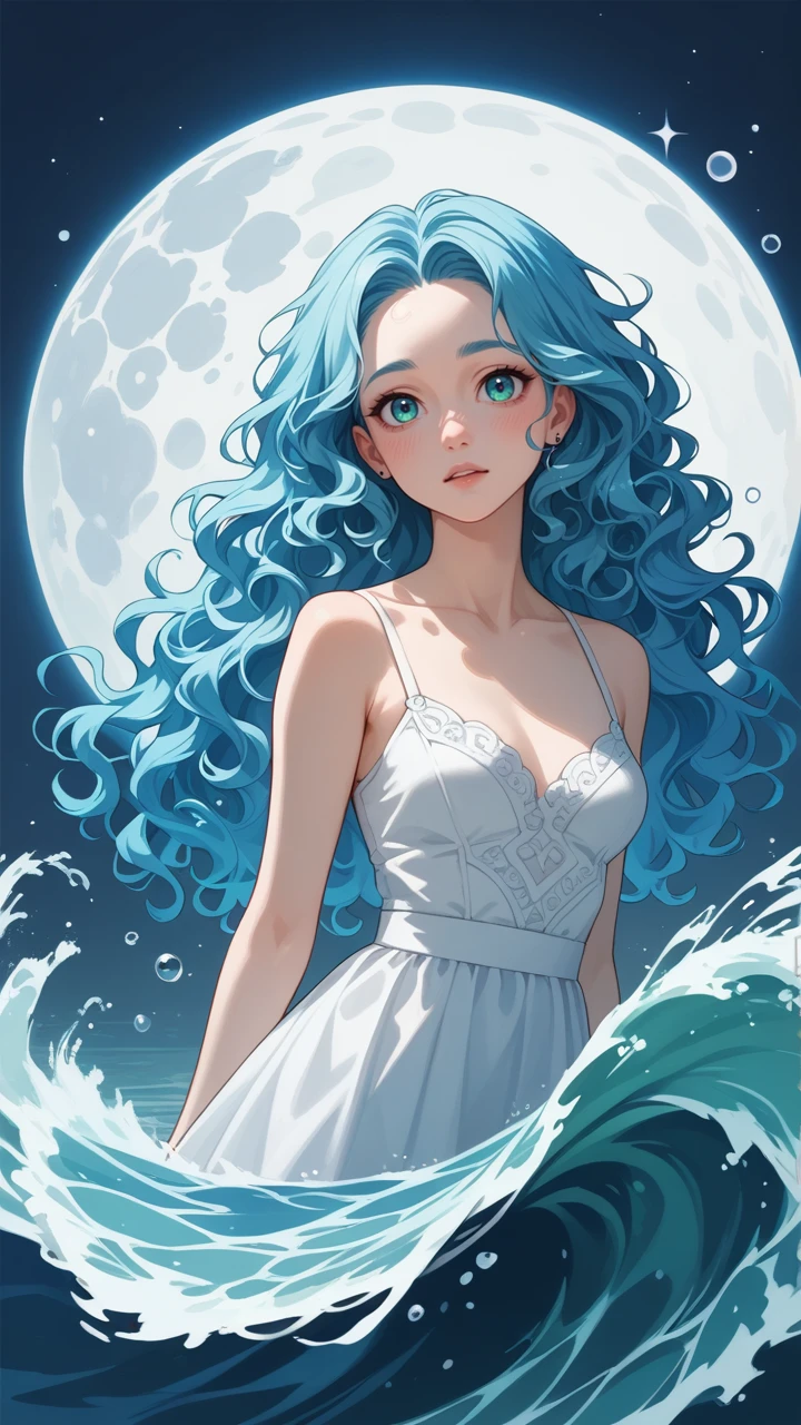 score_9, score_8_up, score_7_up, score_6_up, score_5_up, score_4_up,  A mystical anime character with flowing blue hair dances on the surface of a calm ocean. Rippling waves glow with bioluminescence, and water streams spiral around her in intricate patterns. The moon shines brightly above, illuminating her ethereal presence