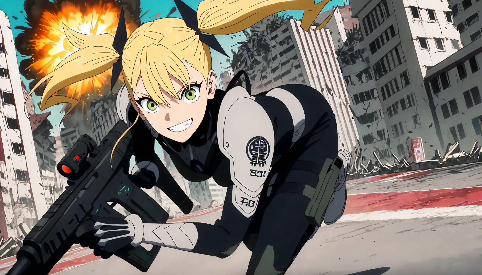 <lora:KN8_KikoruShinomiyaXLIllustrious001>,
masterpiece,best quality,good quality,newest,
detailed background,destroyed city,glitter,
grin,
looking at viewer,
solo,
KikoruShinomiya,1girl,blonde hair,twintails,green eyes,
black bodysuit,
shoulder armor,
gauntlets,
boots,
holding assault rifle,
running,speed_lines,motion_blur,motion line,explosion,