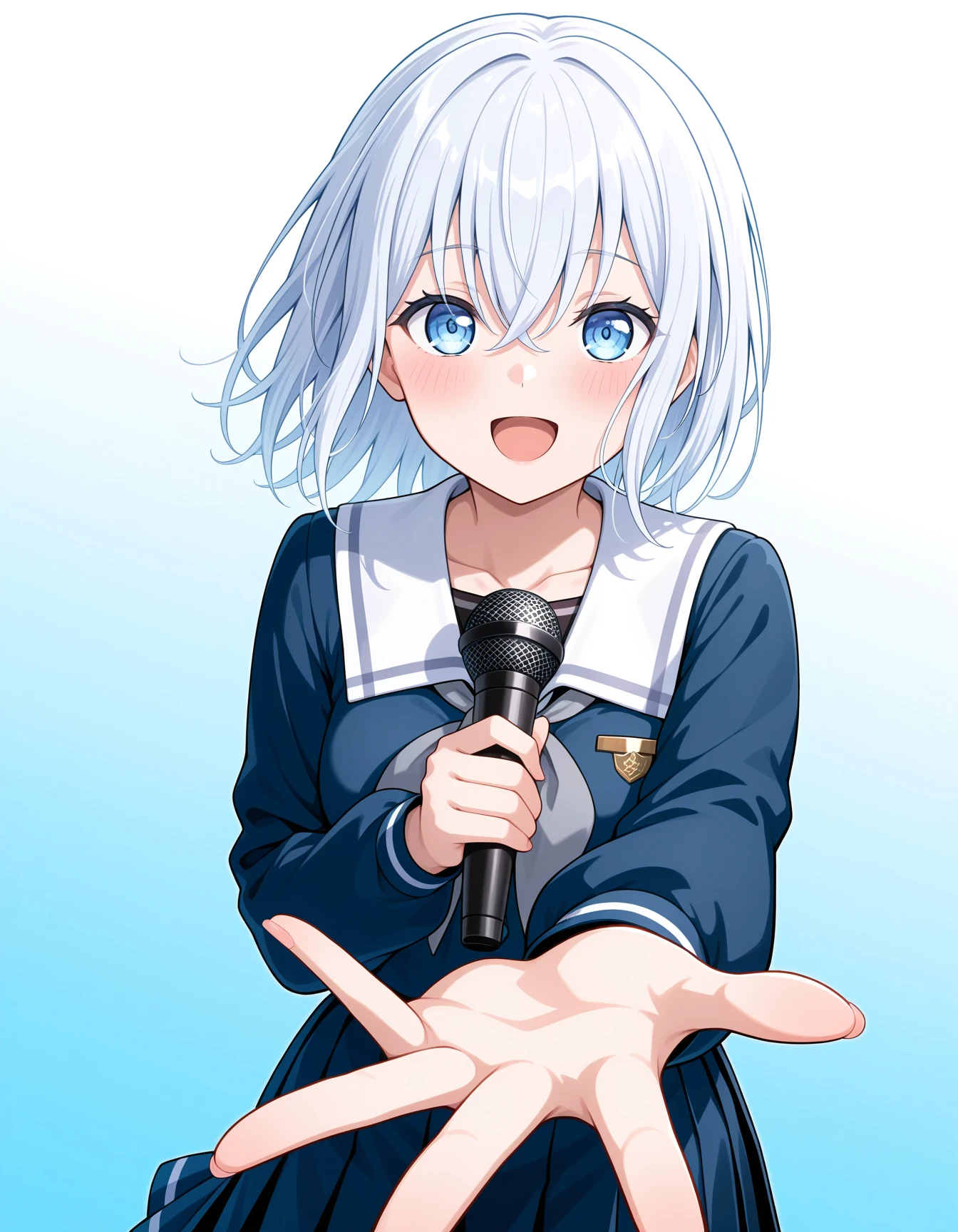 <lora:kurata_mashiro_noobXL-000011:1>, kurata mashiro, white hair, 1girl, solo, tsukinomori school uniform, smile, school uniform, pleated skirt, open mouth, :d, shirt, long sleeves, white sailor collar, blue skirt, finger gun, reaching towards viewer, holding microphone, blue serafuku, blue shirt, looking at viewer, collarbone, blush, standing, grey neckerchief, gradient background, singing, breasts,, very awa, masterpiece, best quality, highres, absurdres, newest,