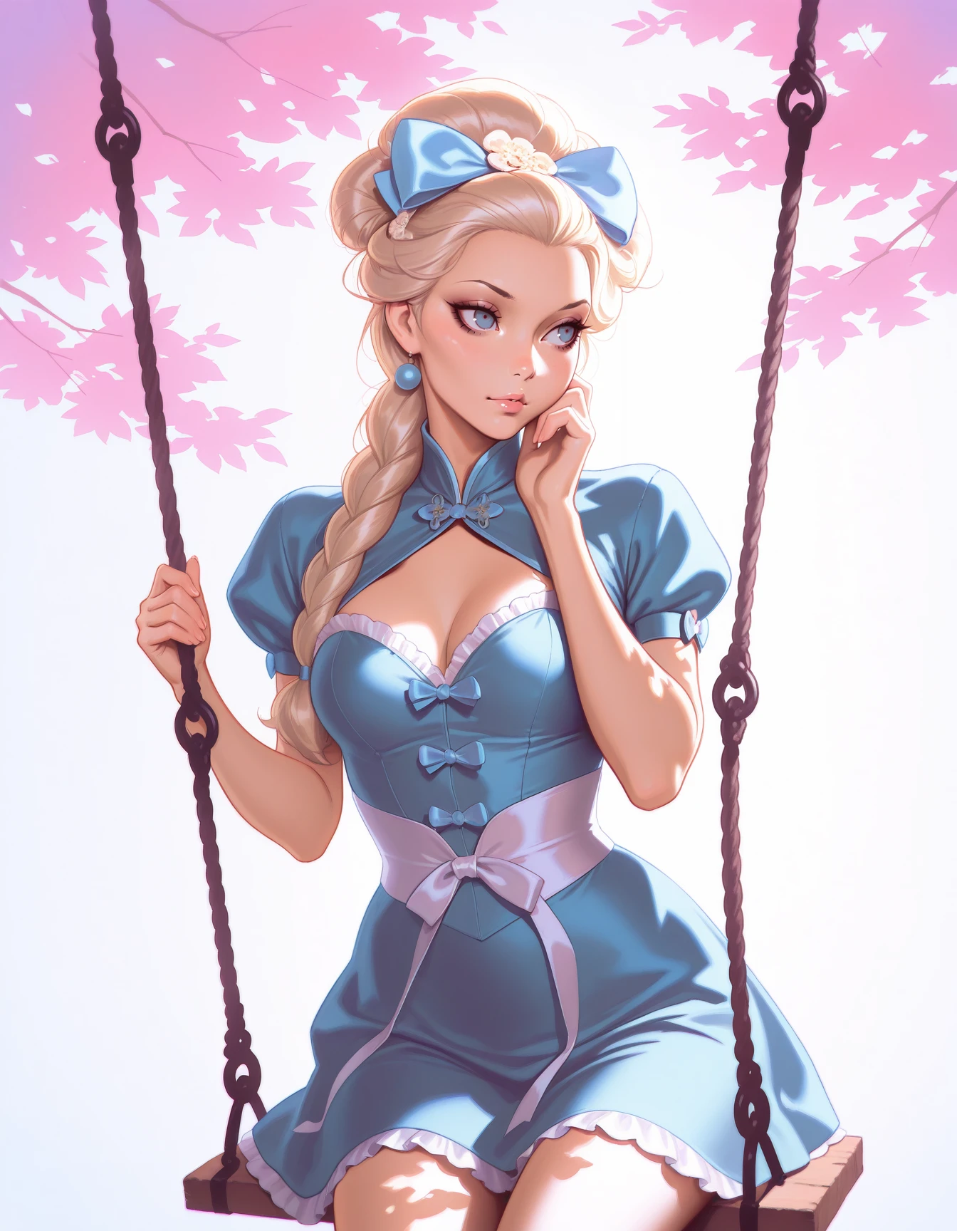 ilya kuvshinov,  1girl, solo, elsa,  mature female wearing rococo qipao, frills, bows, ribbons, cowboy shot, , hand to cheek  <lora:RococoCheongsam-ILXL42:0.8> on a swing, dappled sunlight masterpiece, best quality, very aesthetic, newest