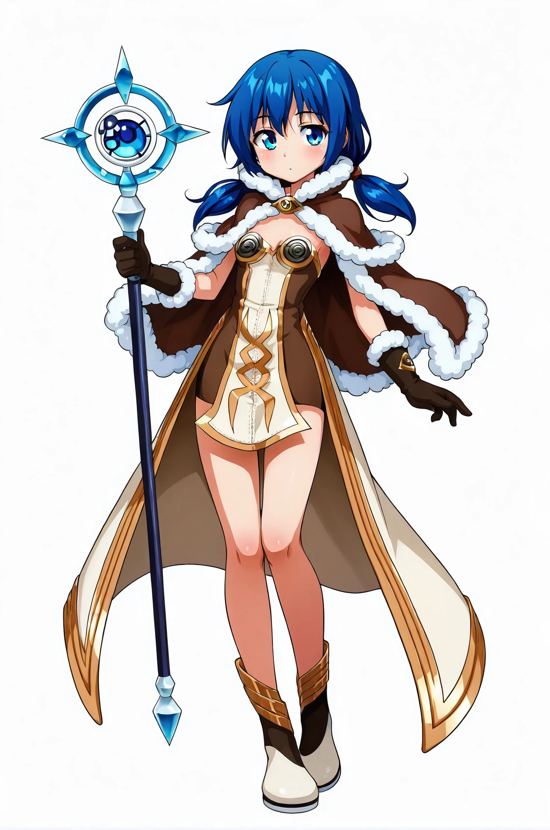 hiWizRO, strapless dress, two-tone dress, sleeveless dress, brown dress, fur-trimmed cape, eye print fur-trimmed gloves, white waist cape,
1girl, solo, looking at viewer,
low twintails, blue hair, blue eyes,
full body, holding staff,
white background,
 <lora:hiWizRoIllustriousV1.5-000010:0.95>