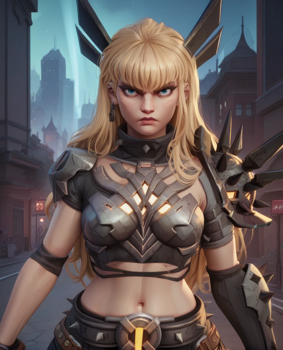 score_9,score_8_up,score_7_up,score_6_up,score_5_up,score_4_up,
magikmr,blonde hair,blue eyes,metal horns,long hair,  bangs, 
single earring,armor,crop top,shoulder pads,spikes,asymmetrical gloves,belt,
standing,upper body,serious, solo,   looking at viewer, 
night,city,<lora:MagikMR:1>,