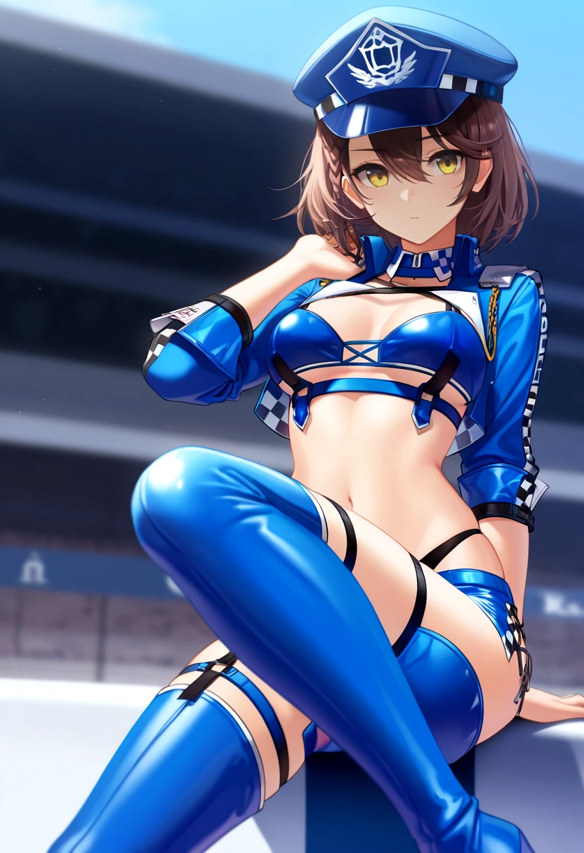 masterpiece, best quality,  <lora:Baltimore-AIO-initiumtest-000016:1> 1girl, solo, Brown hair, yellow eyes, braid, hair between eyes, blue bikini, black bikini bottoms, micro shorts, blue jacket, checkered trim, collared jacket, short jacket, straps, thigh boots, blue footwear, peaked cap, blue headwear, race queen, aiguilette, cross-lace shorts,