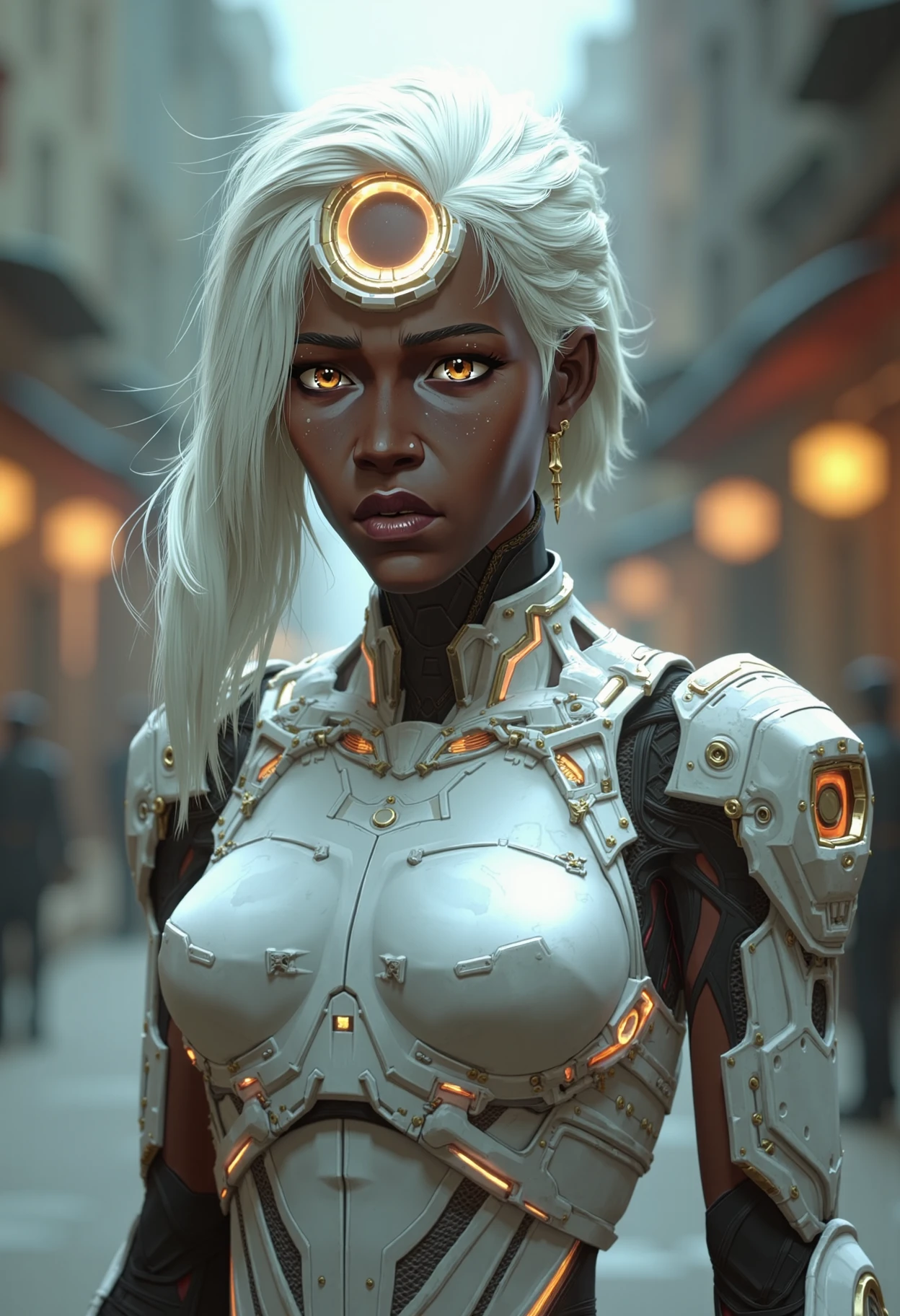 Futuristic humanoid female android, ultra-detailed, hyper-realistic, sleek white armored exoskeleton with glowing orange lights, intricate mechanical joints and black accents, human-like face with expressive features, flowing white hair, high-tech cybernetic design, large circular glowing headgear, cyberpunk aesthetic, soft lighting, blurred dystopian urban background, cinematic atmosphere, 8k resolution, highly detailed, science fiction, advanced robotics, futuristic sci-fi setting
<lora:dvr-arcane-flux:1>