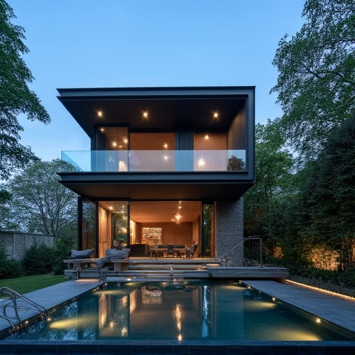 a high-resolution photograph of a modern, minimalist house with the cantilevered river. The house, predominantly black, has a clean, angular design with a flat roof that extends over part of the land, creating an overhanging structure. This extension houses a glass-walled living space, visible from the exterior, presenting a warm and welcoming interior with a modern aesthetic. on the ground floor, large bay windows and stone walls, an elegant rectangular swimming pool with a reflective surface, suggesting a contemporary and minimalist aesthetic. The pool area is surrounded by a lush garden, creating a visually appealing contrast with the water. superb LED ribbon lighting for the villa In the background, there is a clear blue sky fading into a soft twilight, indicating that the time is dusk or dawn.