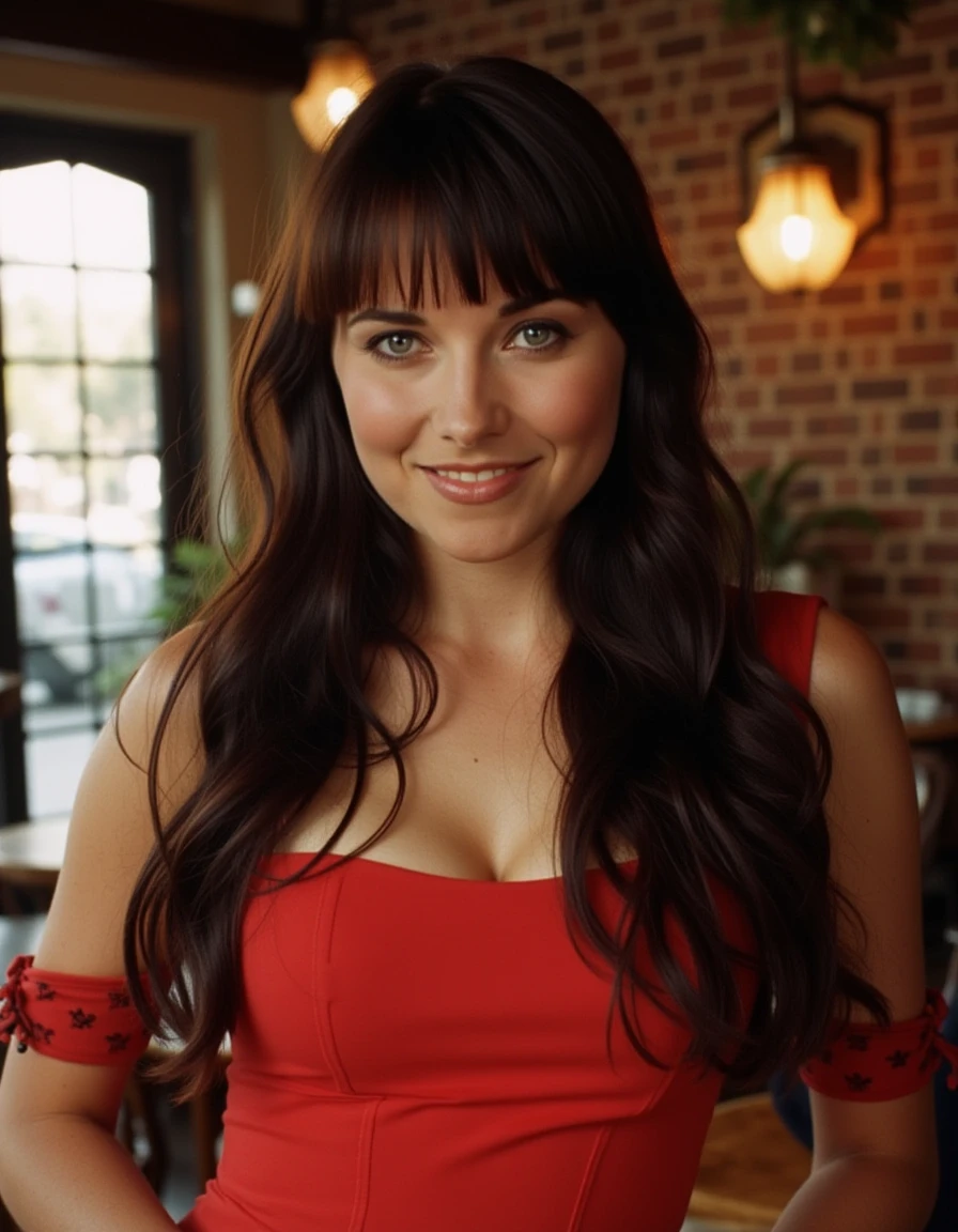 <lora:Lucy_Lawless_1990s_Flux:1> beautiful detailed photograph, dark brown hair with bangs wearing a boatneck dress, standing in a cafe, looking at the viewer, smile
