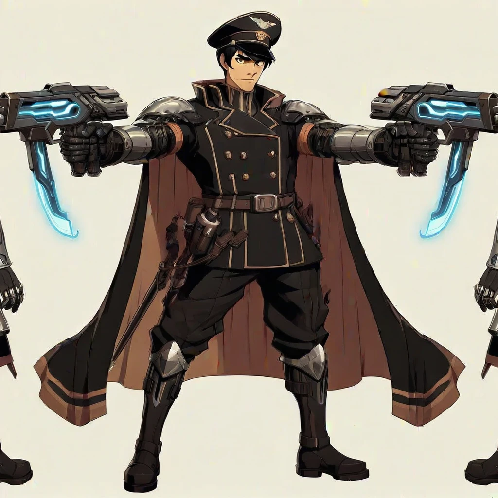 Mechanical left arm, Neo equalists hat, holding, Black boots, from behind, handgun, single mechanical arm, male focus, cape, solo focus, sword, black hair, weapon, 1boy