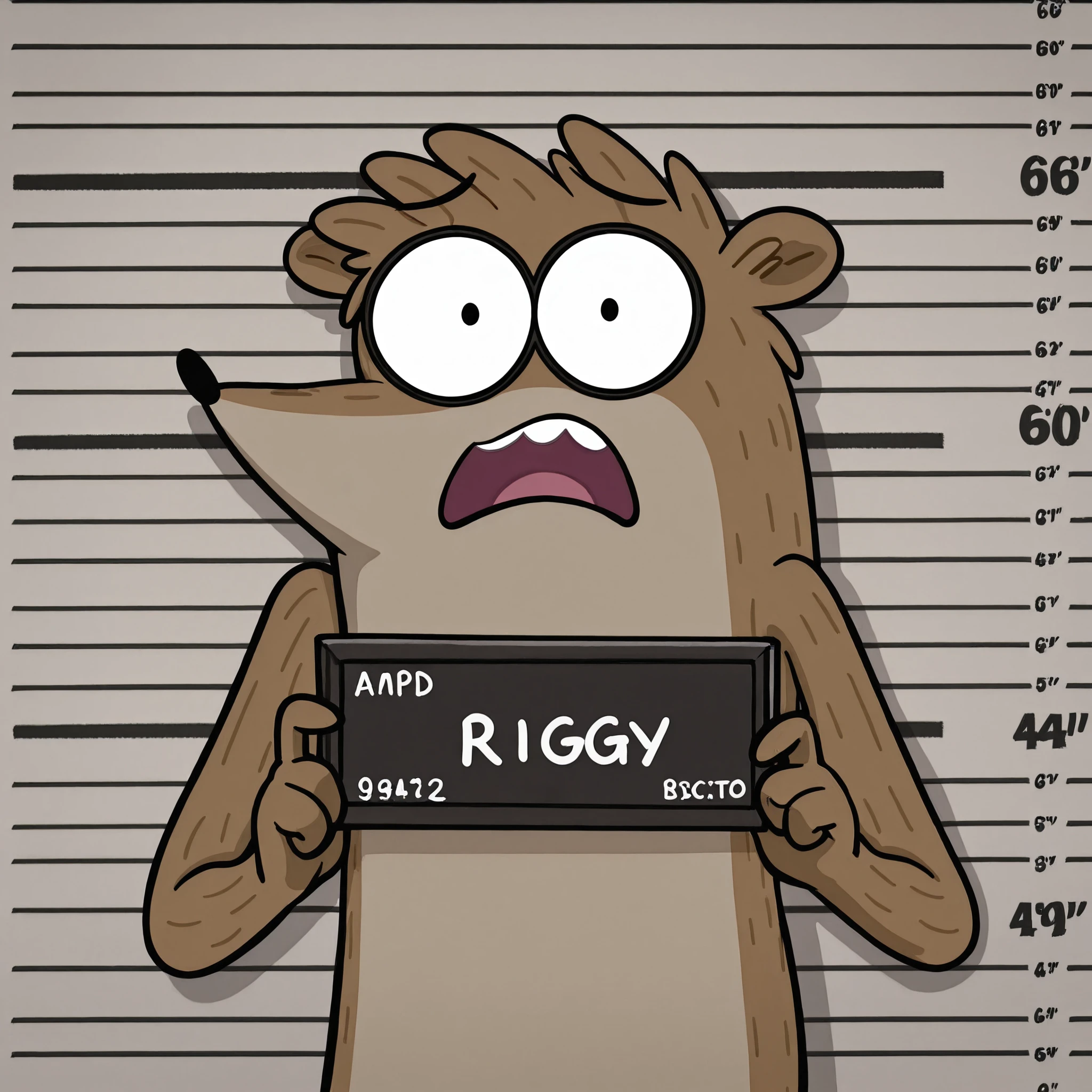 masterpiece, best quality, highres, detailed, (chibi:0.5), solo, 
 <lora:RS_Rigby:1> rigby \(regular show\), 
 <lora:Concept_Meme_Barbie_Mugshot_illu:1> barbie mugshot, holding, nameplate, holding sign, letterboxed, looking at viewer, mugshot, open mouth, upper body, english text