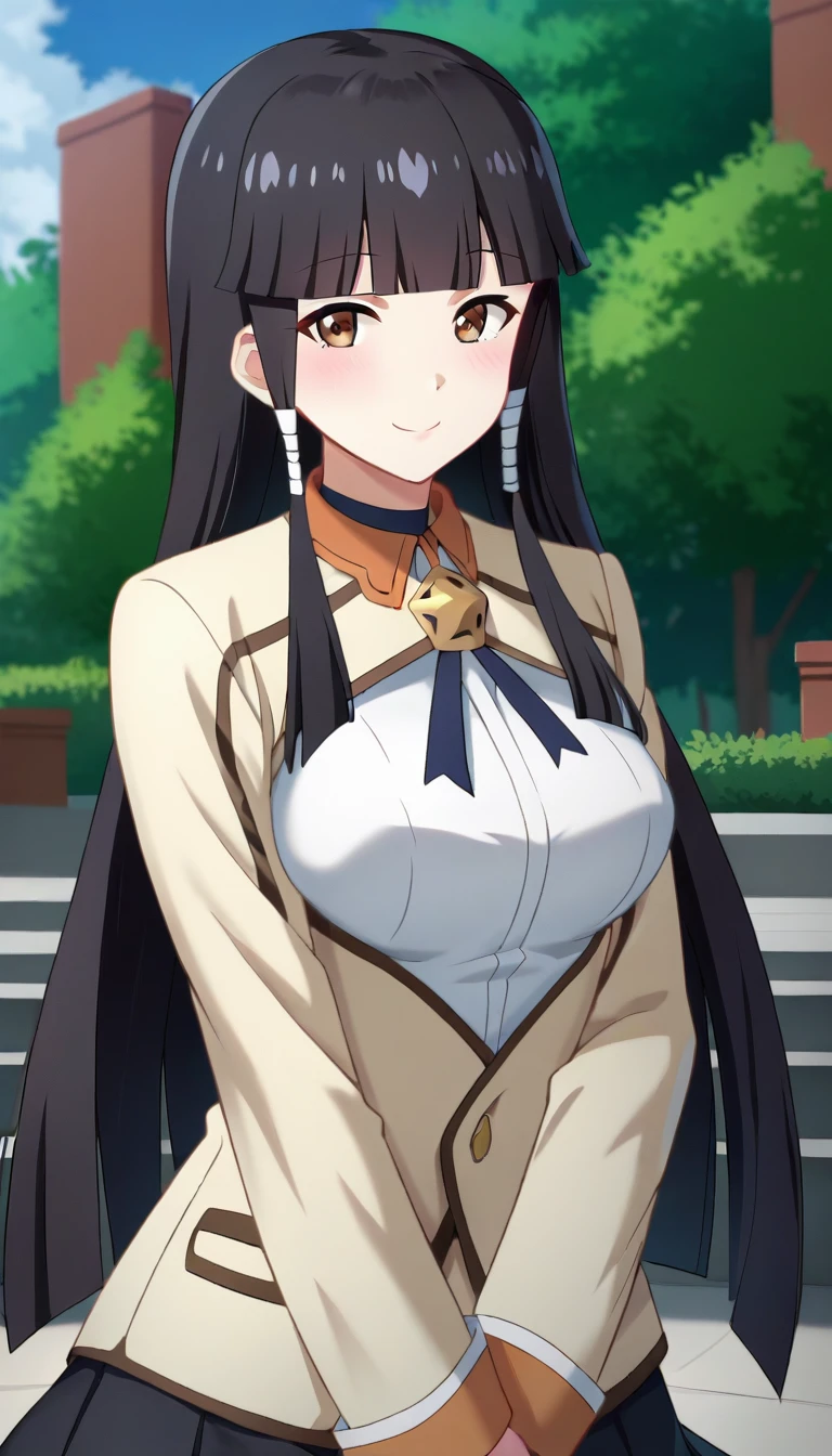 score_9,score_8_up,masterpiece,best quality,correct anatomy,anime_source,1girl,solo,perfect eyes,perfect arms,perfect legs,perfect face,outdoors,upper body,(portrait:1.5),looking at viewer,facing viewer,smile,blush,Claire,very long hair,black hair,hime cut,sidelocks,hair tubes,blunt bangs,brown eyes,school uniform,beige jacket,choker,black ribbon,white shirt,long sleeves,medium breasts,skindentation,breasts out,miniskirt,black skirt,pleated skirt,black socks,loafers,<lora:Claire(ek)-Pony:1.4>,