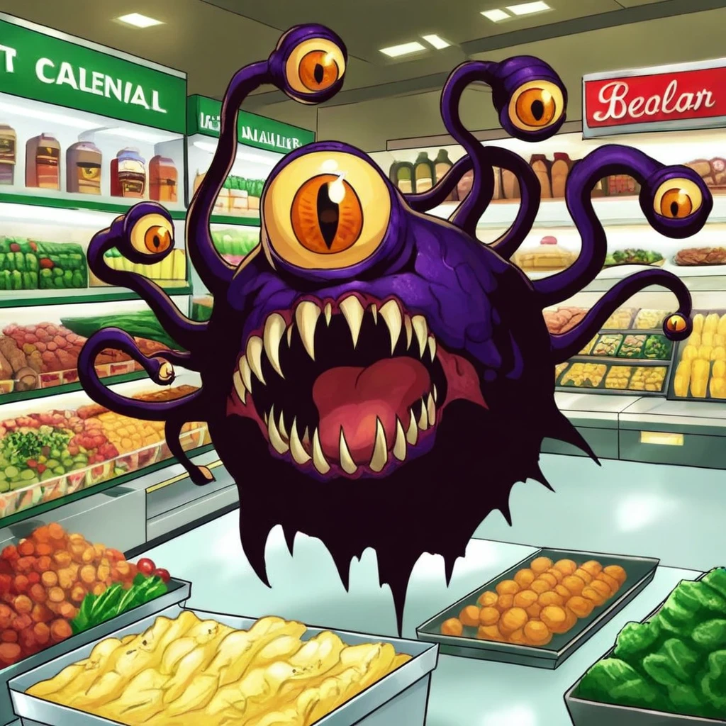 Food photography style  <lora:Beholders-Illustrious:1> bhlr, dark fantasy, (Boris Vallejo) A menacing Beholder floats in the center of a supermarket. The many aisles with products are noticed by it. The creatureâs many eyestalks writhe and twist, each glowing faintly with magical energy as it pushes a supermarket cart forward. The beholder is buying cereal and milk. The main central eye stares directly at the viewer, its gaze filled with malevolent intelligence and hunger. Shadows stretch and warp, emphasizing the creature's dominating presence. . Appetizing, professional, culinary, high-resolution, commercial, highly detailed