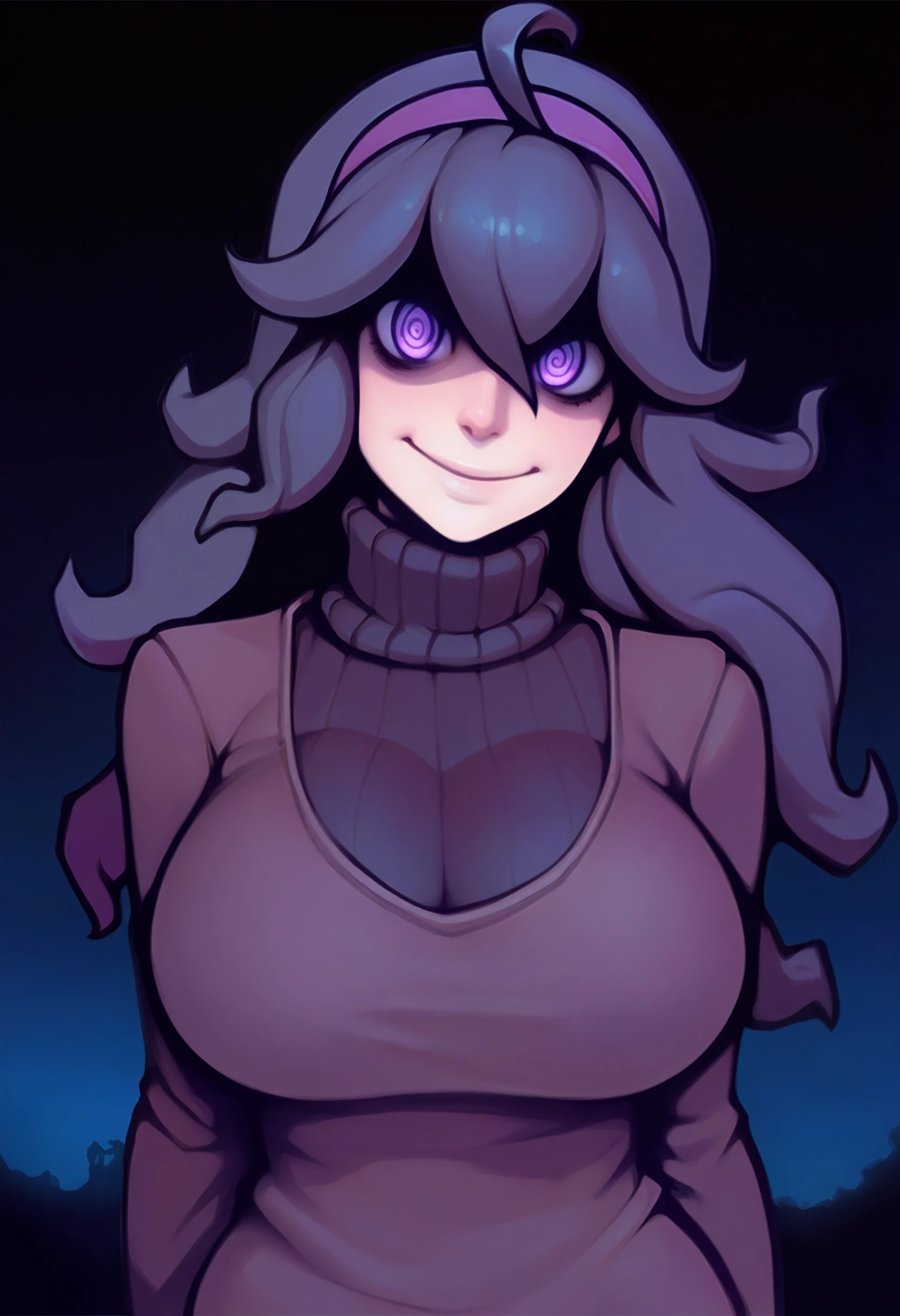 1girl, solo, hex maniac \(pokemon\), large breasts, sweater, looking at viewer, smile, dark background, night, 
masterpiece, best quality, <lora:warlockandboobs-guy90-Illust-Lycorisv102:1> waroobs