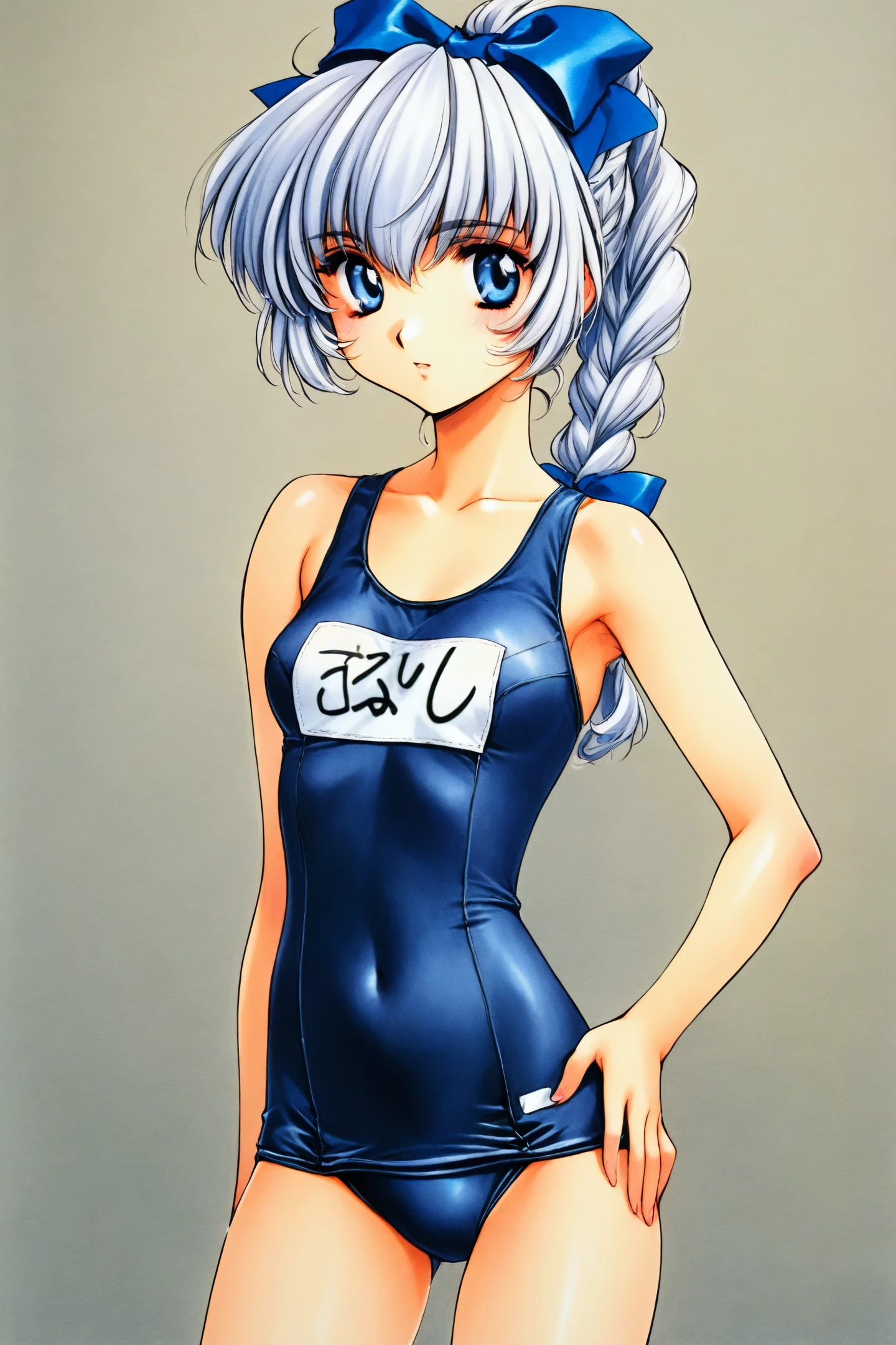 Teletha Testarossa,1girl,solo,grey hair,blue eyes,big blue bow,braided ponytail,sukumizu,school swimsuit,blue swimsuit,white name tag,standing,traditional media,looking at viewer,small breasts,
<lora:Shiki Doji_illustriousXL:0.8>,