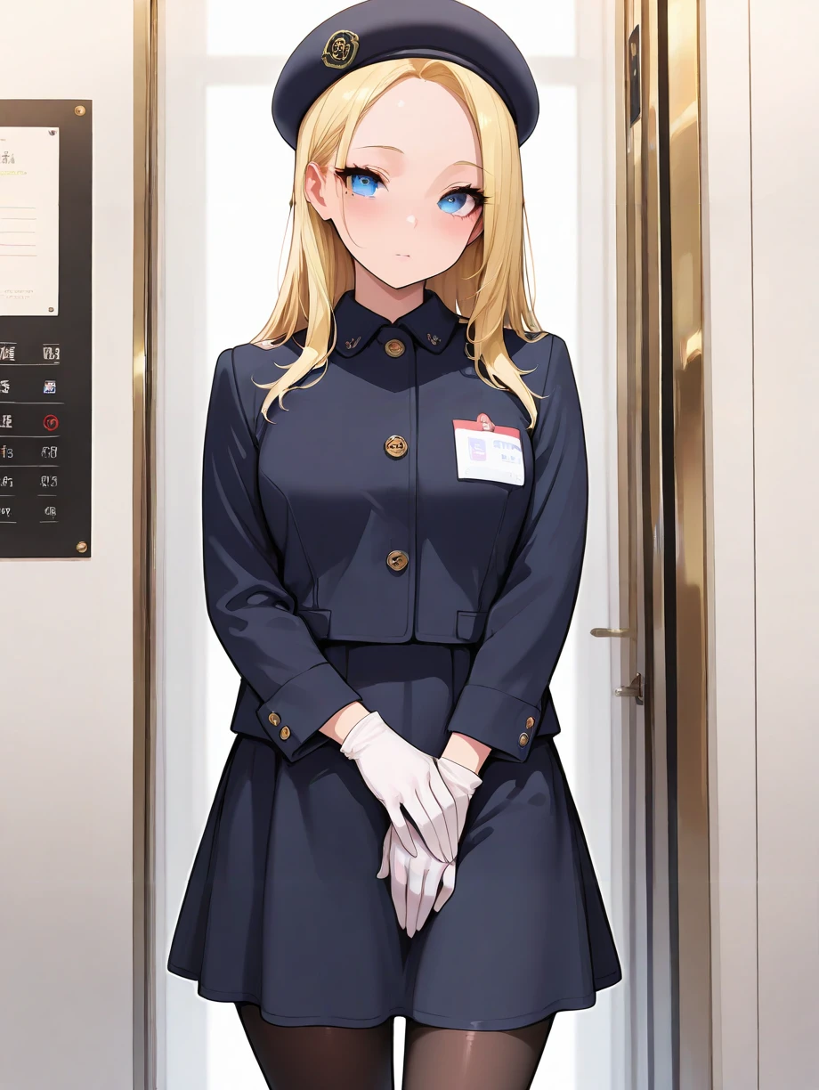 masterpiece,amazing quality,best quality,ultra-detailed,8K,illustration,CG,shiny hair,clear skin,ultra-detailed-eyes,cute girl, eyelashes <lora:elevator girl_illustrious_V1.0:0.8> elevator girl, elevator,beret, gloves, skirt,  jacket,pantyhose