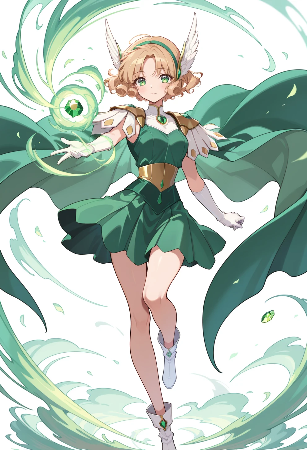 masterpiece, best quality, high quality, anime, solo, <lora:AEFuuillx:1>
AEFuuFinal, green eyes, light brown hair, curly hair, parted bangs, short hair, green hairband, hair ornament, head wings, wing hair ornament, armored dress, green cape, elbow gloves, gem, green dress, green gemstone, pauldrons, sleeveless,white gloves, white footwear,
light smile, full body, wind magic, knee up, standing on one leg,