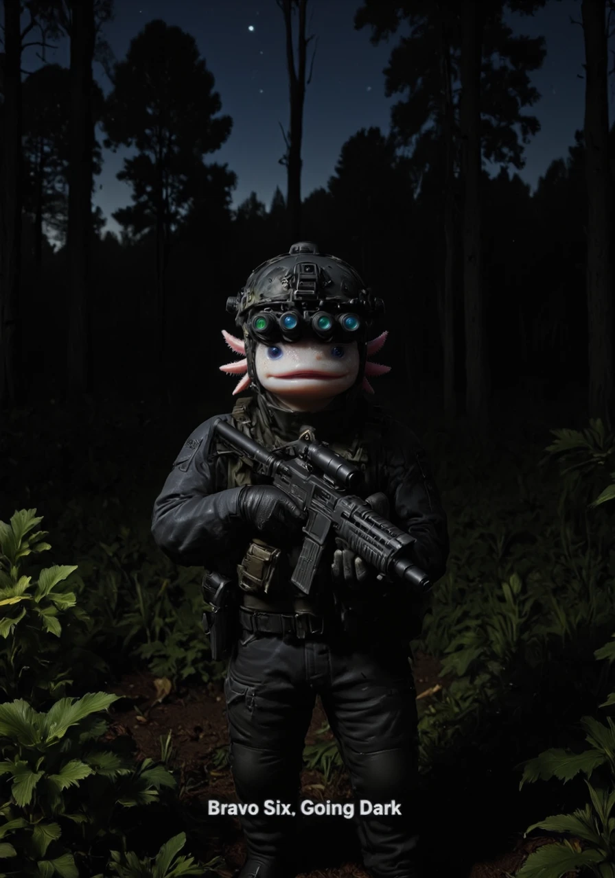 white subtitles at the bottom "Bravo Six. Going Dark", anthropomorphized axolotl wearing on head n0ds quad-tube panoramic optical device four horizontally aligned cylindrical green lenses attached to the front of the protective headpiece, dressed in black tactical military gear in a dark forest at night, the axolotl has pink frilly gills and round black eyes, darkness of night time<lora:n0ds_epoch_23.safetensors:1.0:1.0> <lora:Axomodel_Flux_V2.safetensors:1:1>