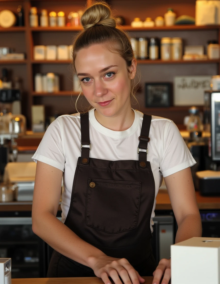 <lora:chloe-sevigny-flux:1> the, her, woman dressed as a barista behind the counter at a coffee shop ready to take your order