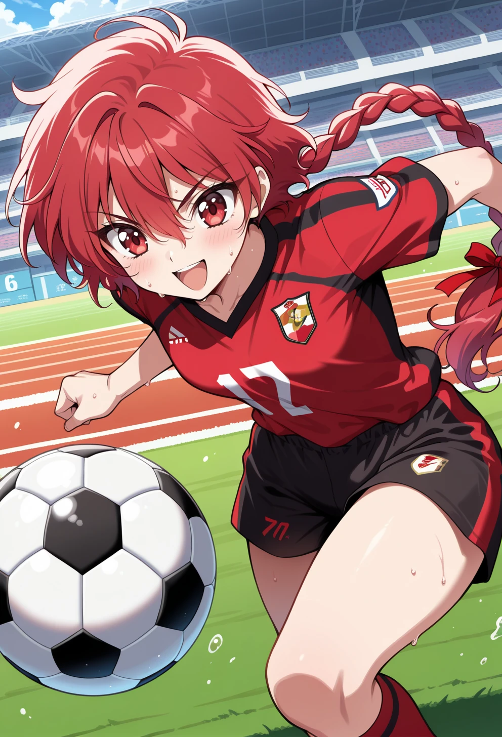 masterpiece, best quality, high quality, anime, solo, <lora:AEHikaruillx:1>
AEHikaru, red eyes, red hair, hair between eyes, long hair, long braid, braided ponytail, single braid, hair ribbon, red ribbon, soccer uniform, black shorts, red stripe, soccer ball, open mouth, smile, sweat,