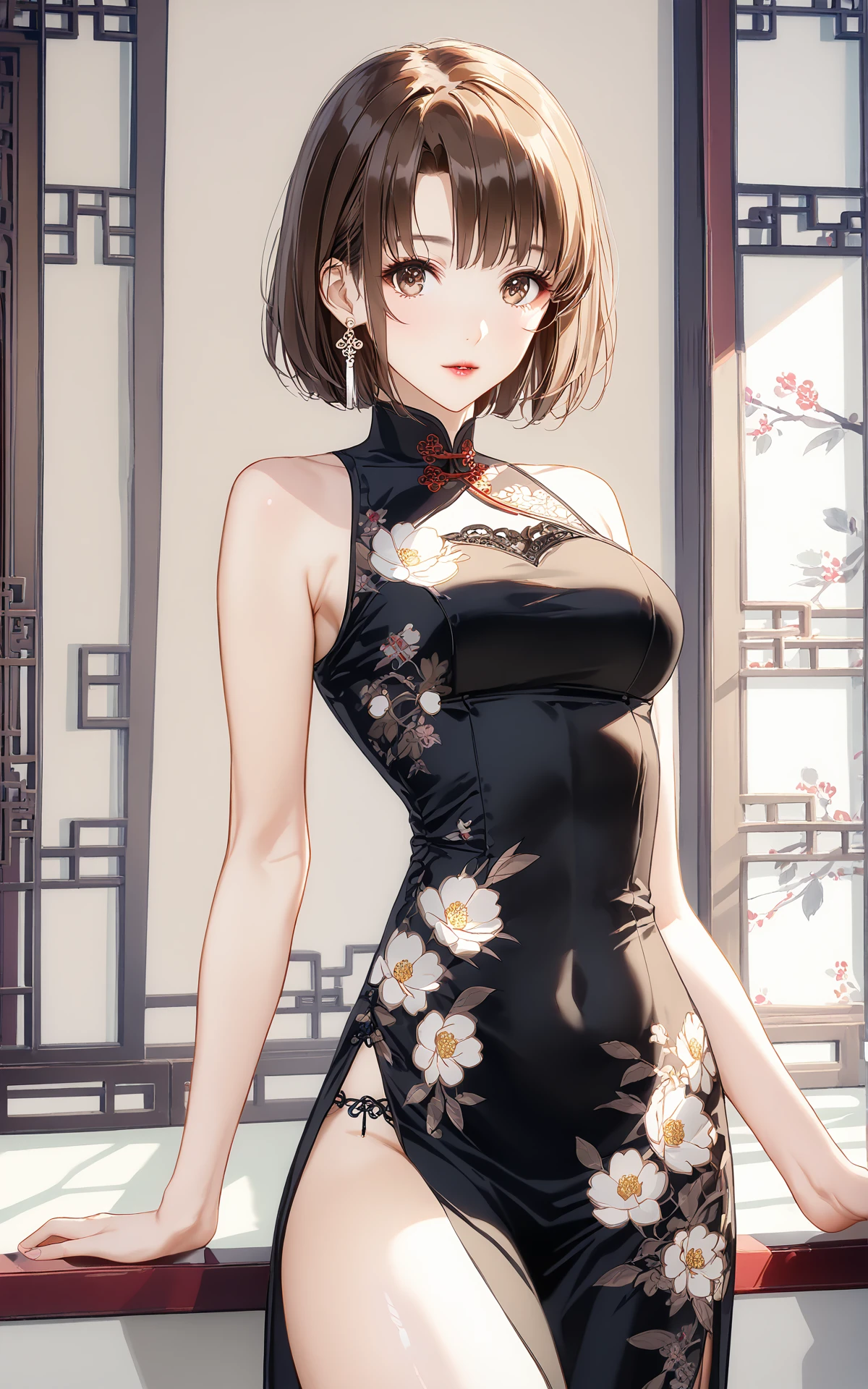 1 katou megumi\(saenai_heroine_no_sodatekata\),<lora:KMpony_XL:1>,absurdres,4k,masterpiece,1girl,close-up, cowboy shot, 
traditional cheongsam dress, fitted silhouette, high mandarin collar, intricate floral embroidery, silk fabric with a soft sheen, elegant side slits, ornate buttons, delicate patterns, oriental elegance, classic Chinese design, luxurious brocade, subtle yet sophisticated style, refined femininity, traditional Chinese fashion, smooth satin texture, hand-stitched details, graceful posture, vintage Chinese aesthetic, timeless elegance, minimalistic yet ornate, subtle floral motifs, fusion of modern and traditional, richly decorated hems, symmetrical design, harmonious balance of form and fabric, feminine yet powerful presence, minimalist yet luxurious, refined details, oriental grace, soft curves, high-class elegance, timeless beauty, delicate embroidery, intricate lace trim, flowing silk, traditional meets contemporary, rich cultural heritage, statement piece with classic appealï¼sleeveless,
ollarbone, Ultra high quality, natural brown hair, soft and smooth, brown eyes, warm and inviting, incredibly high resolution, looking directly at the viewer, perfect facial features, detailed and refined, elegant and understated, Art Nouveau influences (0.7), soft and natural lighting, gentle and realistic shadows, minimalistic and everyday accessories, subtle and harmonious textures, delicate and soft contrast, relaxed and comfortable posture, neutral and calm expression with a hint of curiosity, soft light reflecting off the hair, natural skin tone, casual and relatable atmosphere, warm and cozy color palette, subtle background details, simple and refined styling, subtle light reflections on facial features, everyday elegance.