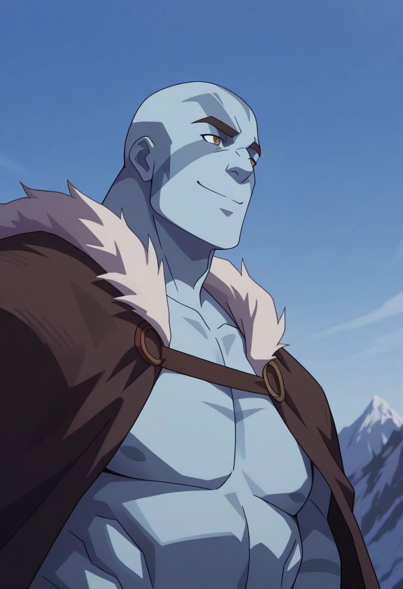 masterpiece, best quality, 
grogstron, 1boy, male focus, solo, colored skin, blue skin, brown eyes, bald, muscular, cloak, full cloak, fur trim, smile
outdoor