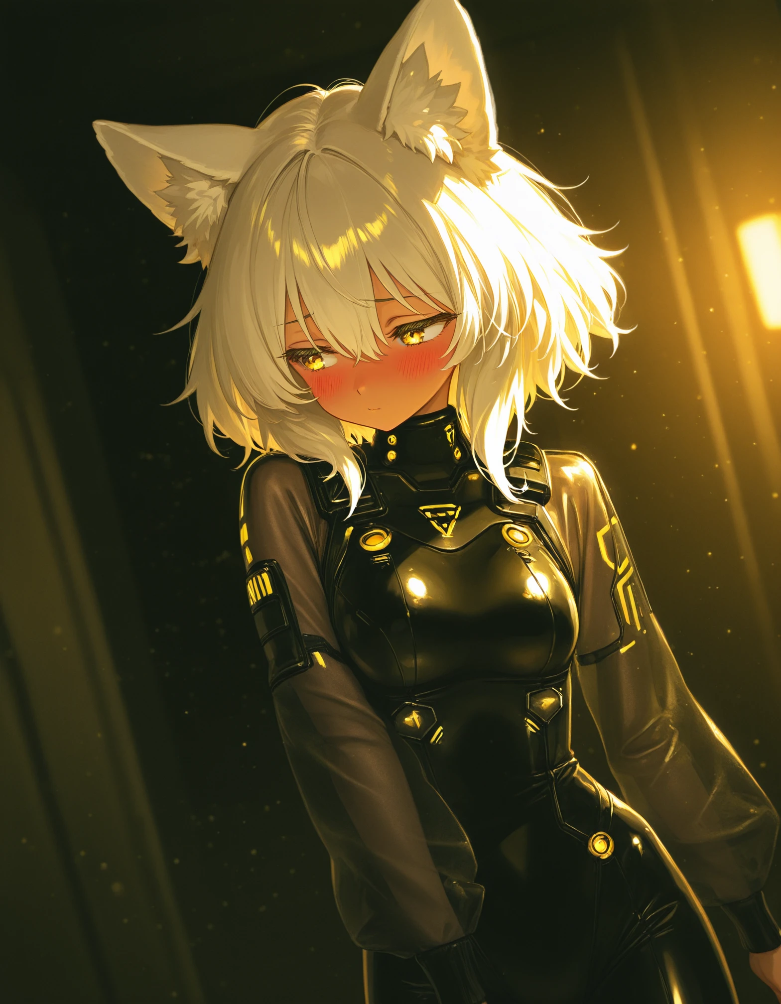 masterpiece, best quality, good quality, (hiro \(dismaless\)), [[baffu]], year 2023,
dynamic angle, (action scene), cinematic movie sequence, white fox girl, animal ear fluff, (fluffy hair), medium hair, attractive, yellow eyes, picturesque, sporty, (all tan theme:1.18), (vibrant light particles), source_anime BREAK blushing, (dark_skin, dark-skinned_female), animal ears, solo, embarrassed, blurry background, depth of field, jungle skyline, spec ops, [bokeh], 1girl, solo, high quality detailed medium hair,  white hair, (fluffy hair), big hair, fluffy (fox ears), hair between eyes, yellow-gold eyes, see-through sleeves, soft [realistic] texture, sideways_glance, dynamic angle, looking to the side, blurry background, white fur-trim, black (digital technological neon circuit bodysuit combat uniform), [camouflage], best quality, amazing quality, very aesthetic, absurdres, high quality, hd, 8k, high octane render, pixel density BREAK (dark theme:1.18), Night, special emitting [glow eyes], dimly lit room, (crystal shield)