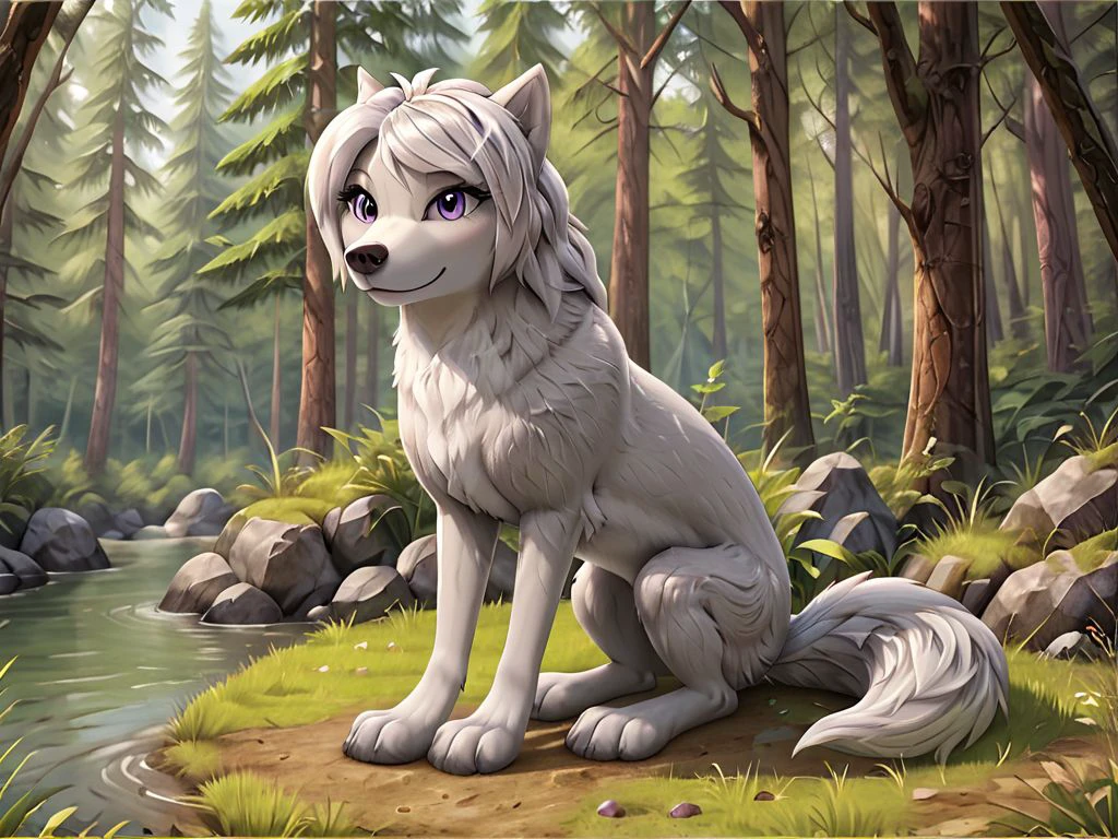 ((feral)), quadruped, wolf in detailed forest, female, detailed silver-gray and white fur, lilly wolf, fluffy fur, (lavender eyes), female, smile, solo, detailed eyes, anatomically correct, body correct, (sitting), cute, wolf tail correct, three-fingered paws, full body, beautifull effect, <lora:LillySDXL1:0.8>