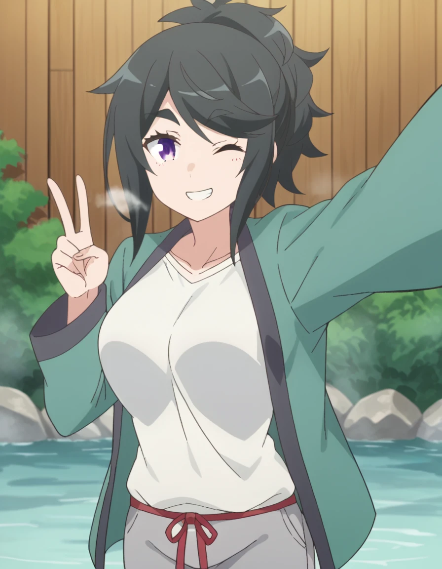 score_9, score_8_up, score_7_up, source_anime, <lora:yatsuho-nishiki-s1-ponyxl-lora-nochekaiser:1>, yatsuho nishiki, black hair, purple eyes, ponytail, large breasts, anime screencap, shirt, long sleeves, white shirt, pants, grey pants, geyser, steam, water, hot spring, eruption, smile, <lora:selfie-outstretched-arm-ponyxl-lora-nochekaiser:1> selfie, arm up, foreshortening, looking at viewer, outstretched arm, reaching, reaching towards viewer, v, parted lips, one eye closed, cowboy shot, looking at viewer, solo,, dutch angle, cowboy shot