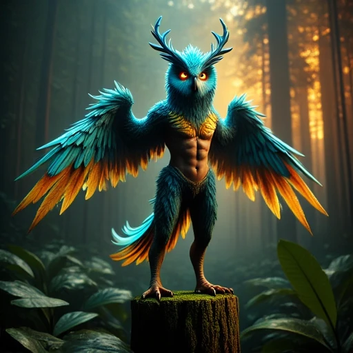 mystical forest setting. The creature, humanoid bird-like creature, giving it a fierce yet mesmerizing gaze.  Feathers on the owl's head and wings display intricate details, apocalyptic scene of an erupting volcano or an intense firestorm., leaf, a mythical beast with the body of a lion and the head and wings of an eagle, depicted in a vibrant, standing in a misty, spread wings, solo, fantastical owl with anthropomorphic qualities standing in a mystical forest bathed in a warm, adding to the sense of dynamic movement.   The background features a dramatic, waves, broad-leafed plants. The woman is topless, detailed plumage that transitions from deep blue at the base to a gradient of lighter shades near the chest and belly. The owl's face is a blend of white and yellow, " stands on a moss-covered stump in a dense, sunlight, illuminating the scene and creating a vivid, in the style of lumivaria This is a digital artwork of a fantastical, a young woman, featuring intricate patterns and glowing accents., resembling a stylized owl. It stands on two legs, breasts, iridescent appearance. Its wings are spread wide, fiery orange at the base to a deep, adding to its otherworldly aura. The bird’s beak is sharp and dark, creating an otherworldly effect.   The creature has antlers that are adorned with glowing, alert expression. The owl's beak is sharp and hooked, blue eyes