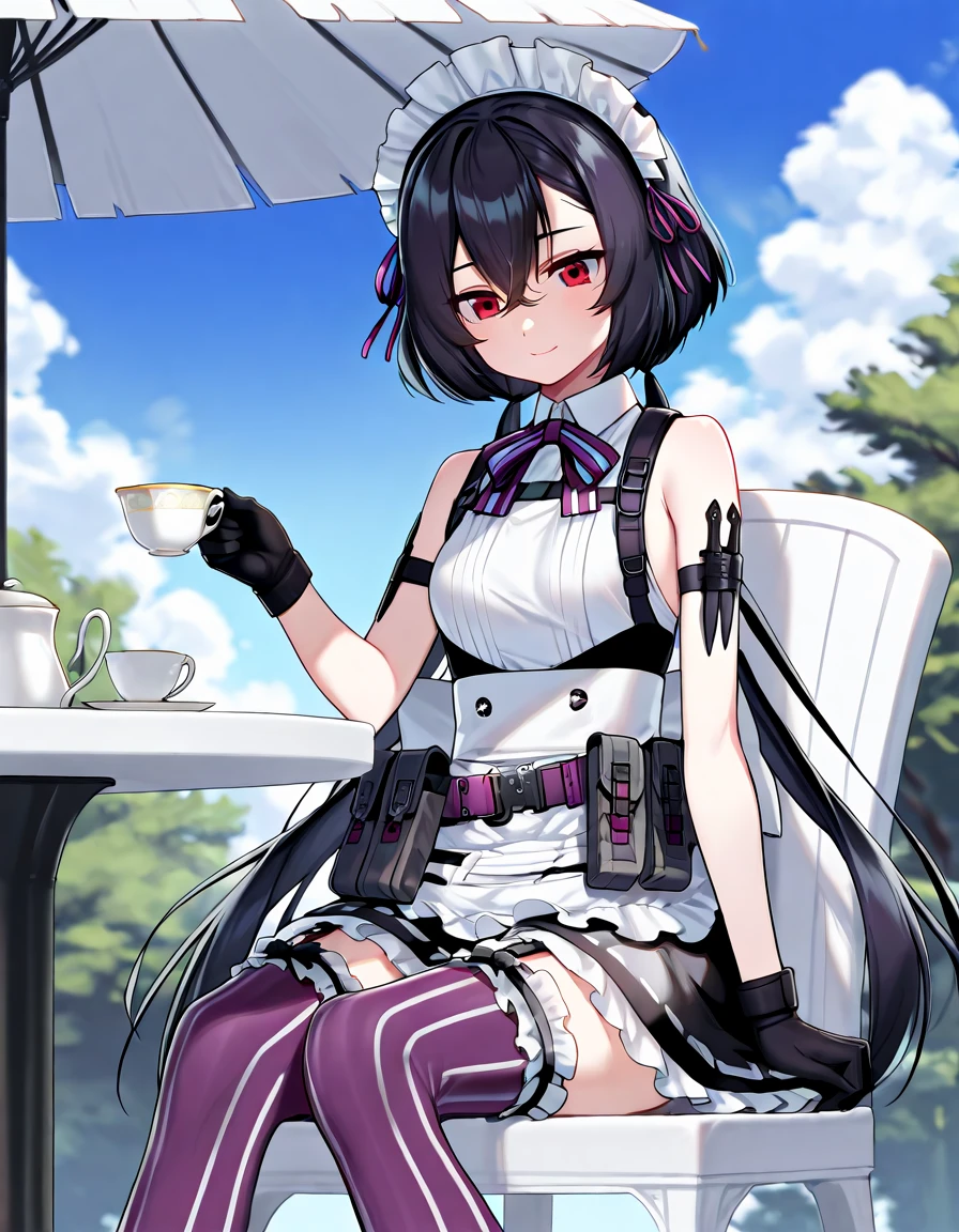 masterpiece, best quality, highly aesthetic, absurdres,  1girl, lilycs, tactical maid, sleeveless dress, collared shirt, chest harness, utility belt, purple ribbon, neck ribbon, bare shoulders, black gloves, maid headdress, knife sheath, garter straps, vertical-striped thighhighs, frilled thighhighs, pouch, red eyes, black hair, long hair, bob cut, crossed bangs, low twintails, small breasts, soft smile, looking down,  sitting, on chair, holding teacup,  day, outdoors, table, tree shade, blue sky, cloud  <lora:lilycs-il-v1:1>