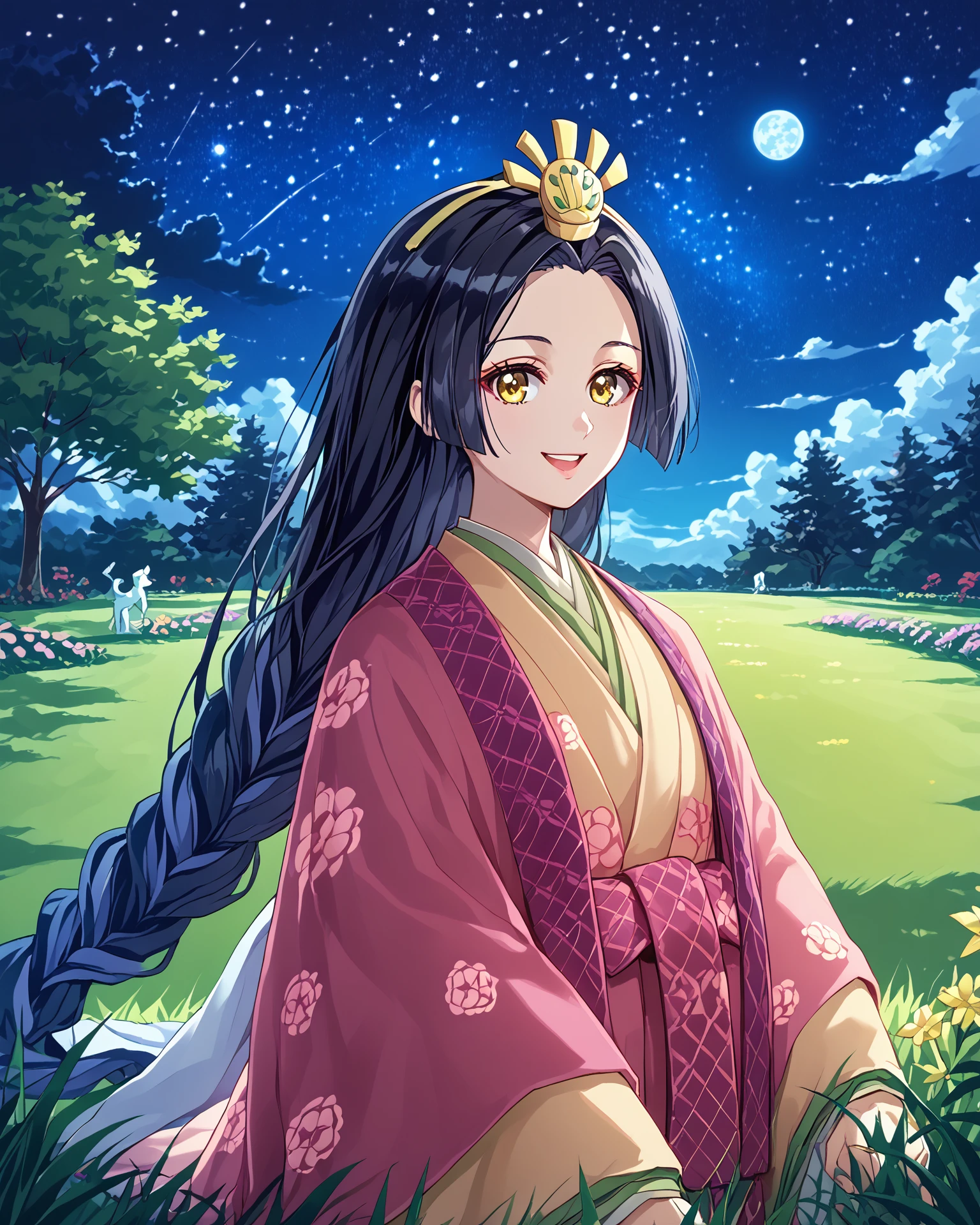 1girl, juunihitoe, wearing juunihitoe, black hair, long hair, happy, magenta yellow green,, garden, nature, grass, lawn, starry sky, night sky, milky way, gold eyes, digital art, masterpiece, absurdres, highest quality, score_9, score_8_up, score_7_up,  <lora:Juunihitoe_XL:1.2>,  waist up,  <lora:EndEndStart:1.2> kaoro, kanzashi