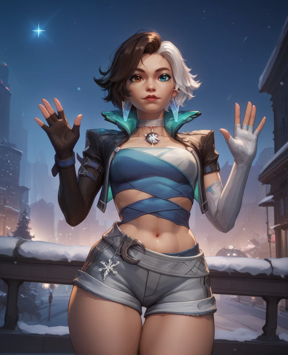 score_9,score_8_up,score_7_up,score_6_up,score_5_up,score_4_up,
lunamr,multicolored hair,heterochromia,makeup,brown eye,
cropped jacket,elbow gloves,earrings,choker,looking at viewer,
standing,waving,hips,shorts,
night,winter,
night,city,<lora:LunaMR-xl12alt:0.9>,