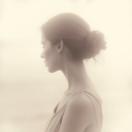 an aesthetic, minimalist depiction of a female profile in side view. The focus is on the soft contours and calm, monochromatic tones. The scene feels mystical and dreamy, almost as if viewed through a delicate mist, with gentle light accentuating the silhouette. The background is diffuse and creamy white, drawing attention to the elegant simplicity of the figure.