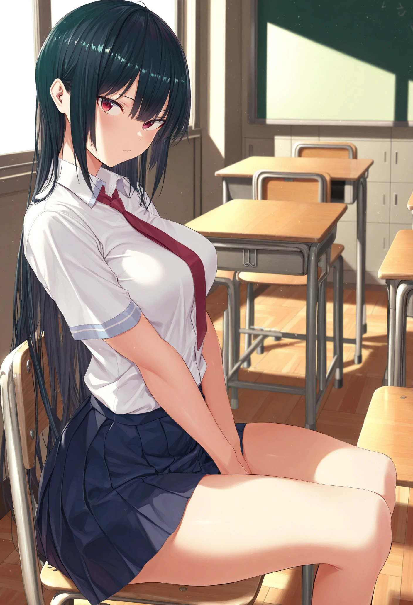 high school student、Women、School classroom、(Big Breasts)、smirk、curvy、(((((1 girl)))))、(from below)、