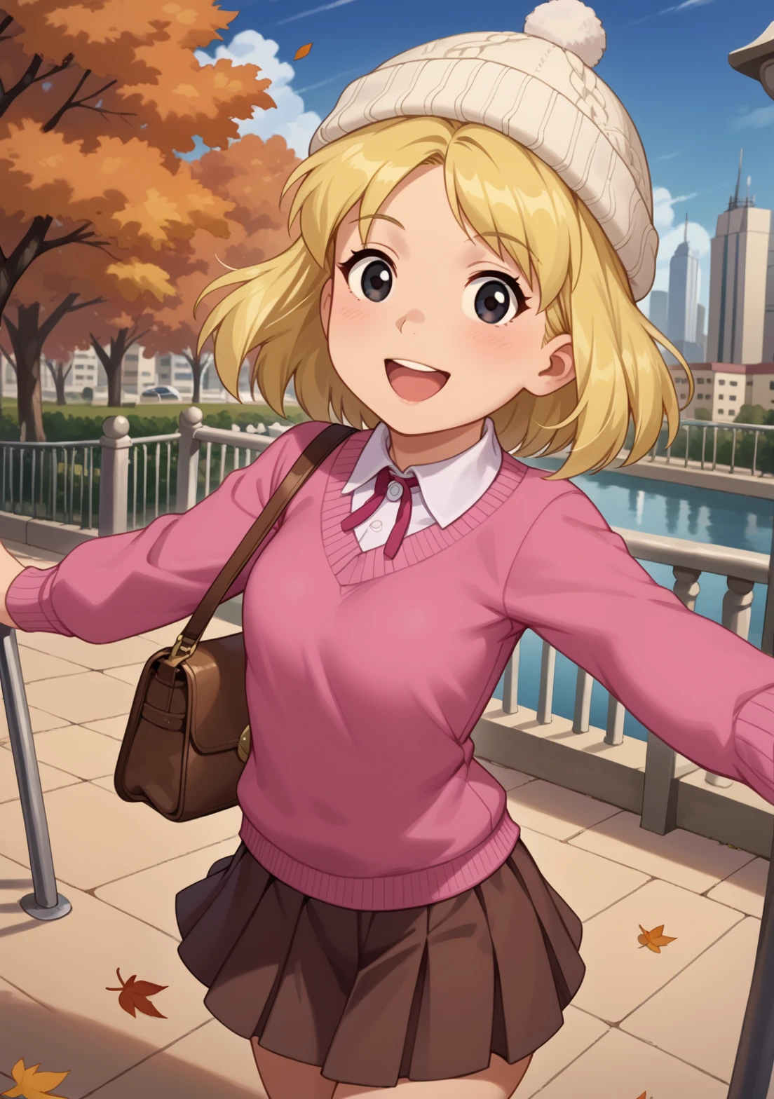 score_9, score_8_up, score_7_up, BREAK, masterpiece, highres, emilyelizabeth, blonde hair, short hair, smile, thighs, black eyes, pink shirt, long sleeves, white skin, pale skin, white collar, brown knit hat, cardigan sweater, white sweater, brown purse, mitten, brown skirt, city, skyscraper, bookstore, maple leaves, from above, open mouth, smile, swirling, dancing, looking at viewer, blue sky, park, autumn, close up, <lora:Emily_Elizabeth:1>