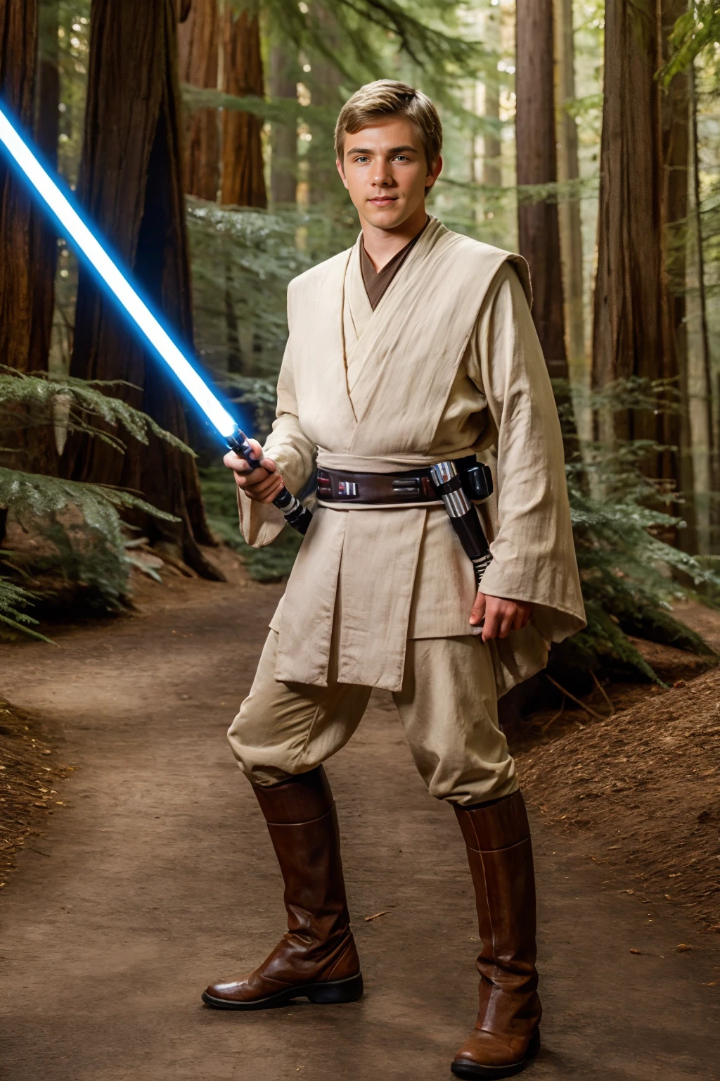 Star Wars, redwood forest of Endor, standing, slight smile, KodyKnight is jedi padawan, in jedioutfit, holding lightsaber, (((full body portrait))), wide angle, <lora:jedioutfit:0.65>  <lora:KodyKnight:0.8>