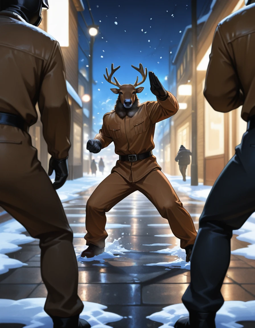 masterpiece,best quality,higres illustration,detailed face,<lora:reindeermask_IL:1>,reindeermask,snow,night,3boys,street,fighting stance,surrounded,