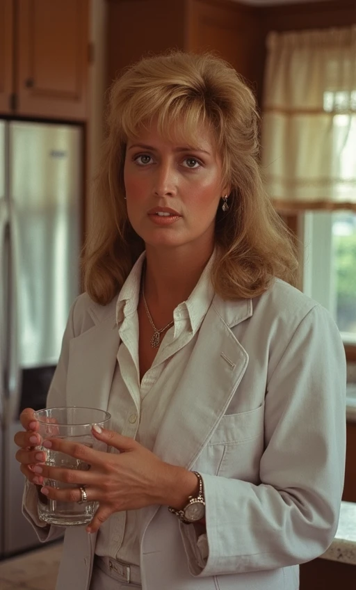 Close shot: 1984, Hyper-realistic portrait of Marge, 40, wearing a a women's real estate agent ensemble, professional, hair profesionally done, standing in a 1980s kitchen holding a glass of water, lookign at the viewer nervous, daytime, afternoon, 80s 35mm film grain, scratches on film, nostalgia.