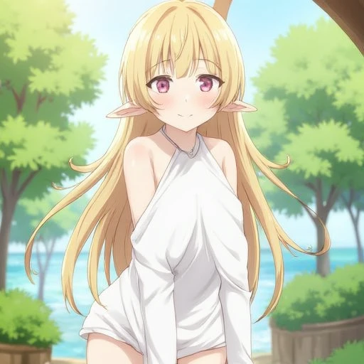 masterpiece、highest quality、very detailed、High resolution、16k、Thin contours、full nude、very big 、very big 、I can see your nipples、chest proportions、goblinの女の子、very white skin、beautiful fingers、Anime girl very big breasts naked pose、perfect style、goblin、No bra、blonde blue eyes、cool smile
