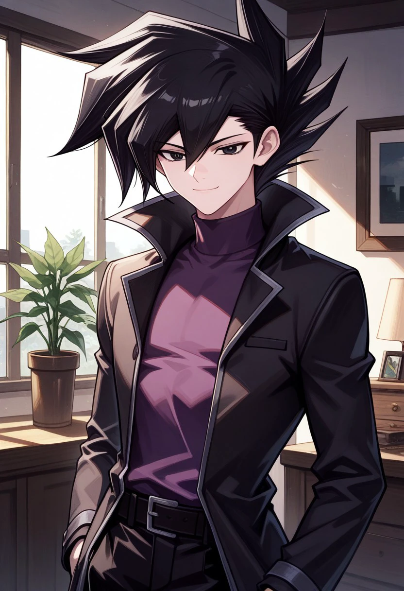 masterpiece, best quality, 
chazzgx, 1boy, male focus, solo, black eyes, black hair, spiked hair, bangs, hair between eyes, shirt, purple shirt, turtleneck, coat, black coat, long sleeves, open coat, open clothes, 
indoor, room, window, plant, light smile