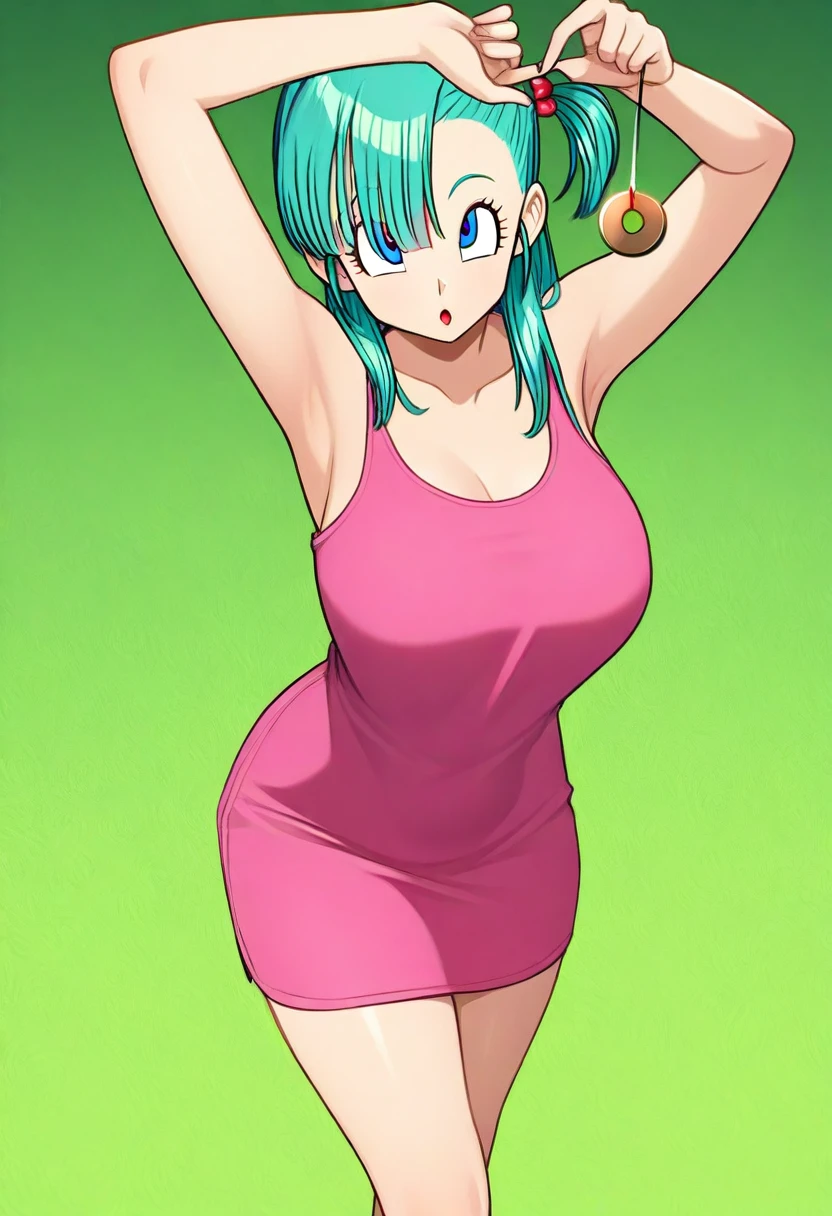 masterpiece, best quality, newest, highres,,  1girl, solo, bulma, cross3d_3y3s, crossed_eyes, hypnosis, pendulum, <lora:Crossed_eyes_-_Hypnosis_-_Illustrious:0.8>