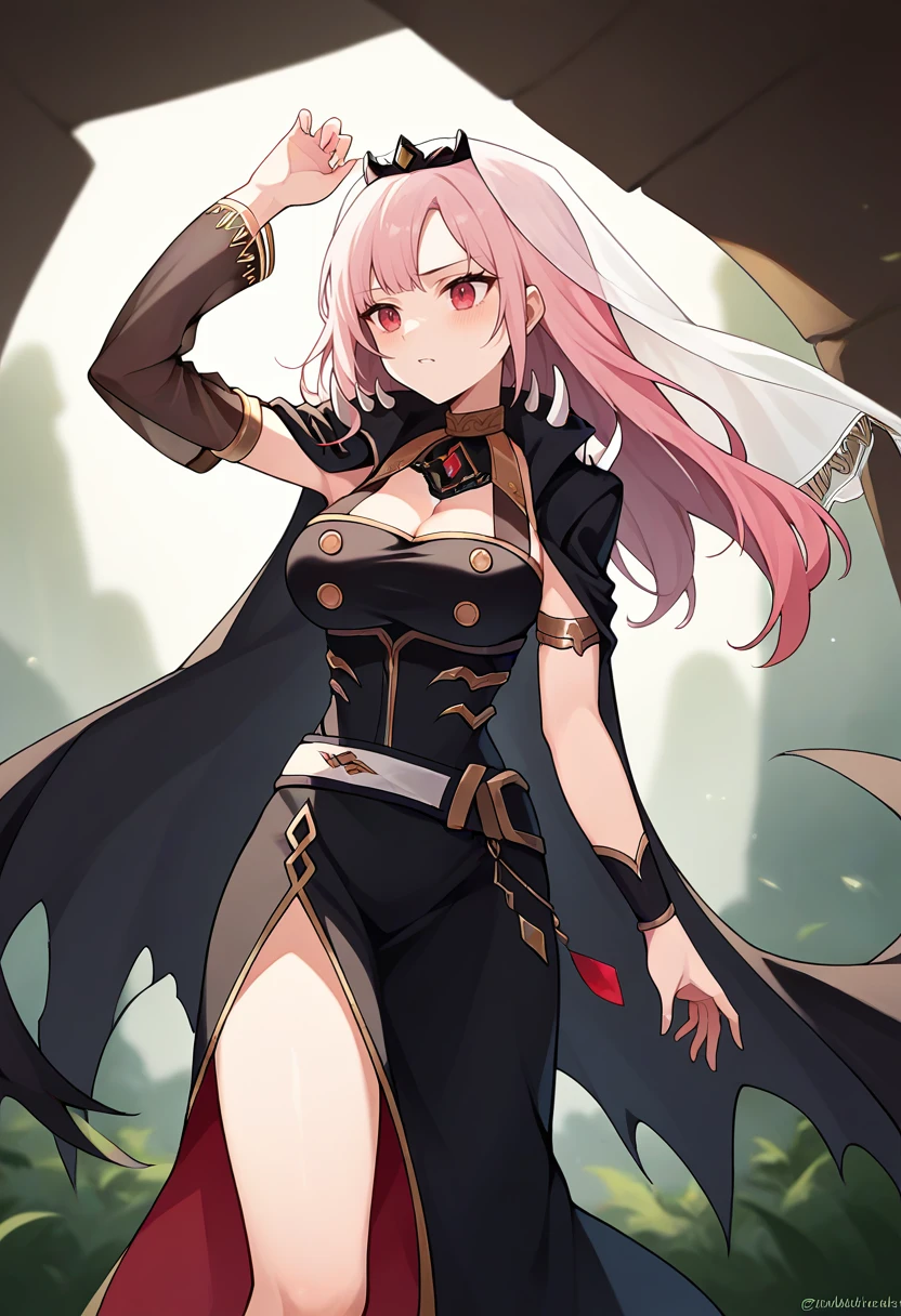 vampire queen, perfect body shape, small breast, battle skirt, (royal cape 1:1.1, underboobs 1:1.2), main color is matte black, secondary color is purple, sexy and devil aura, original character, masterpieces, seducing purple pupil, (multi color high pony tail 1:1.2), walking under blood moon and middle of the destroyed city street, purple gem accessories, golden belt, golden necklace, windy and evil effect, soft moon light focus, corruption, extremely delicate and beautiful eyes, messy bang, unique crown