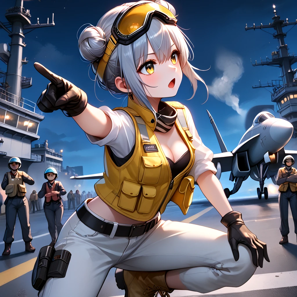 score_9, source_anime, aircraft carrier, catapult officer, pointing forward, pre-run, lunge, one knee, outstretched legs, spread legs, 1girl, grey hair, double bun, open mouth, cleavage, medium breasts, vest, pants, helmet, gloves, boots, leaning forward, goggles on head, night sky, night, dust, steam, crowd, wide shot, from side, profile, <lora:girllikeaircraftcarrier_pony:0.7>