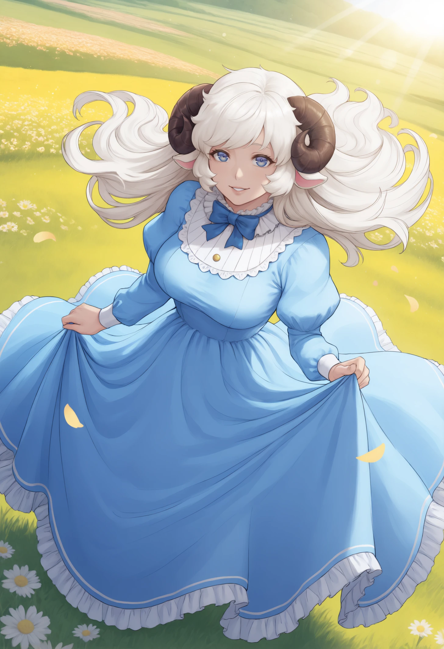 masterpiece, best quality, 1girl,
sheep girl, sheep horns, blue eyes, long hair, white hair, mature female, milf,
neck tuft, blue dress, frills, puffy sleeves, ribbons, bowtie, dress grab,
looking at viewer, happy, smile, parted lips, spin,
outdoors, field, flowers, scenery, grass, beautiful landscape, sunbeam, wind, floating hair, petals, lens flare, from above, dutch angle,