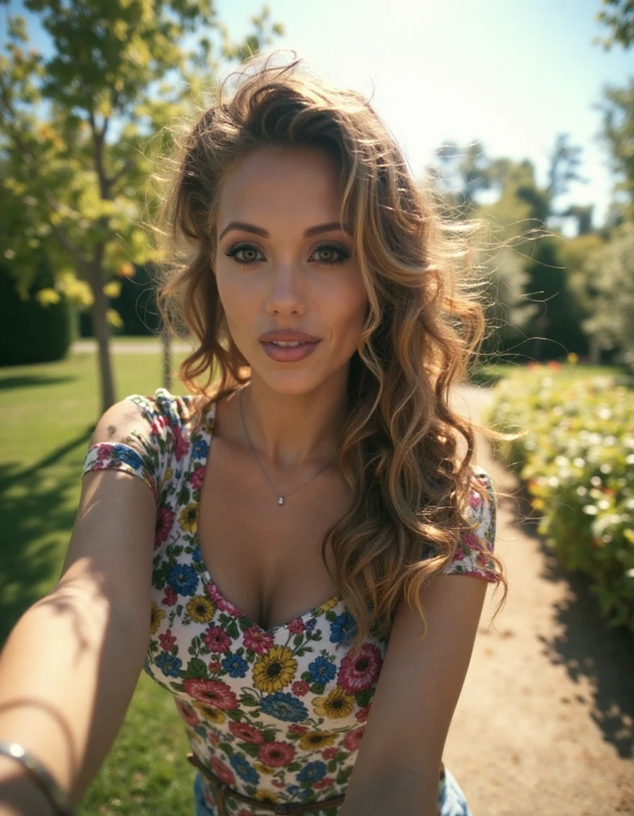 cute woman taking a selfie, fisheye lens, sunny garden woman,<lora:a_Turbo-Alpha:1>,<lora:Elizabeth_Berkley:1>,